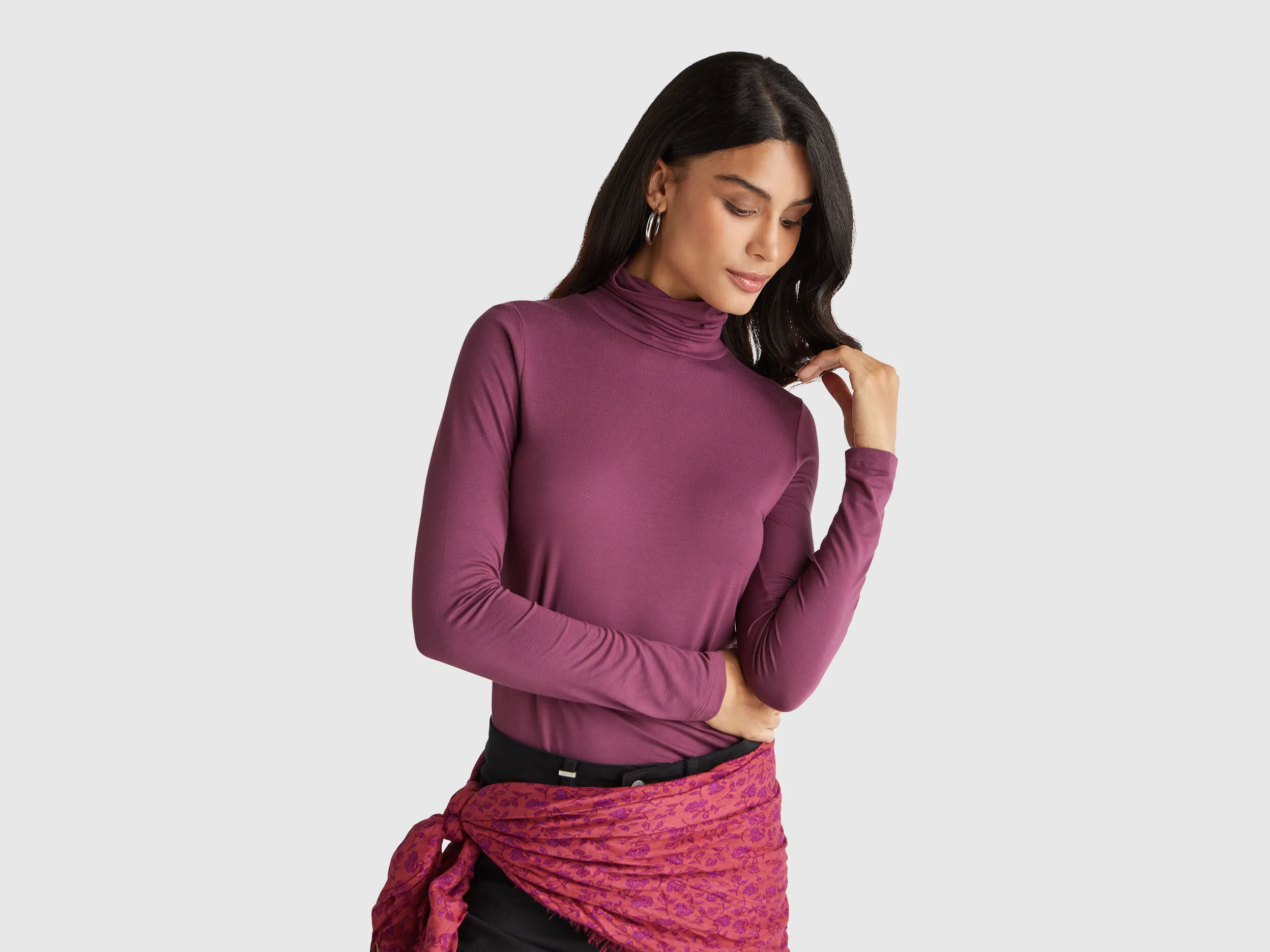 T-shirt col roulé en viscose extensible - Prune