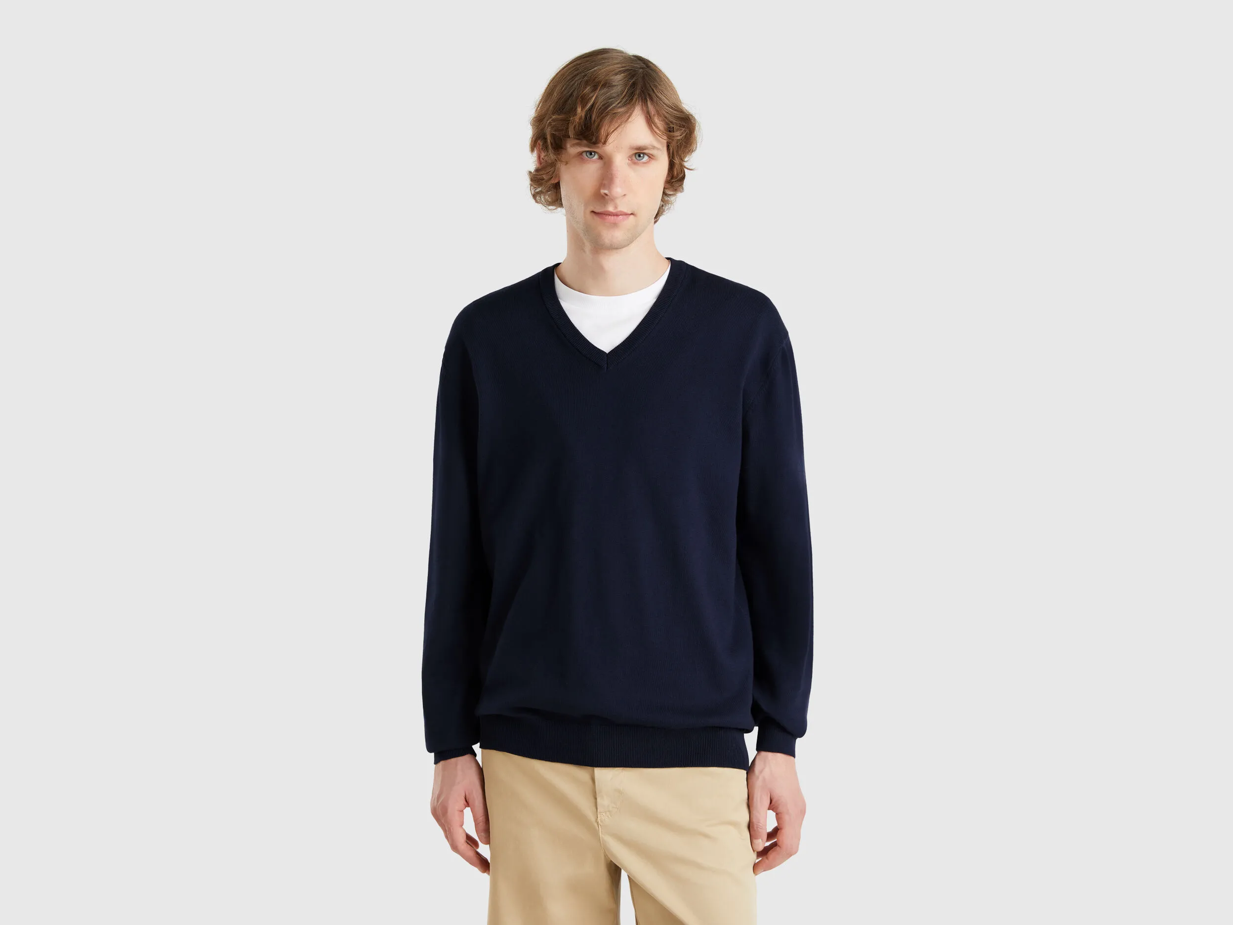 Pull en pur coton à col V - Bleu Foncé