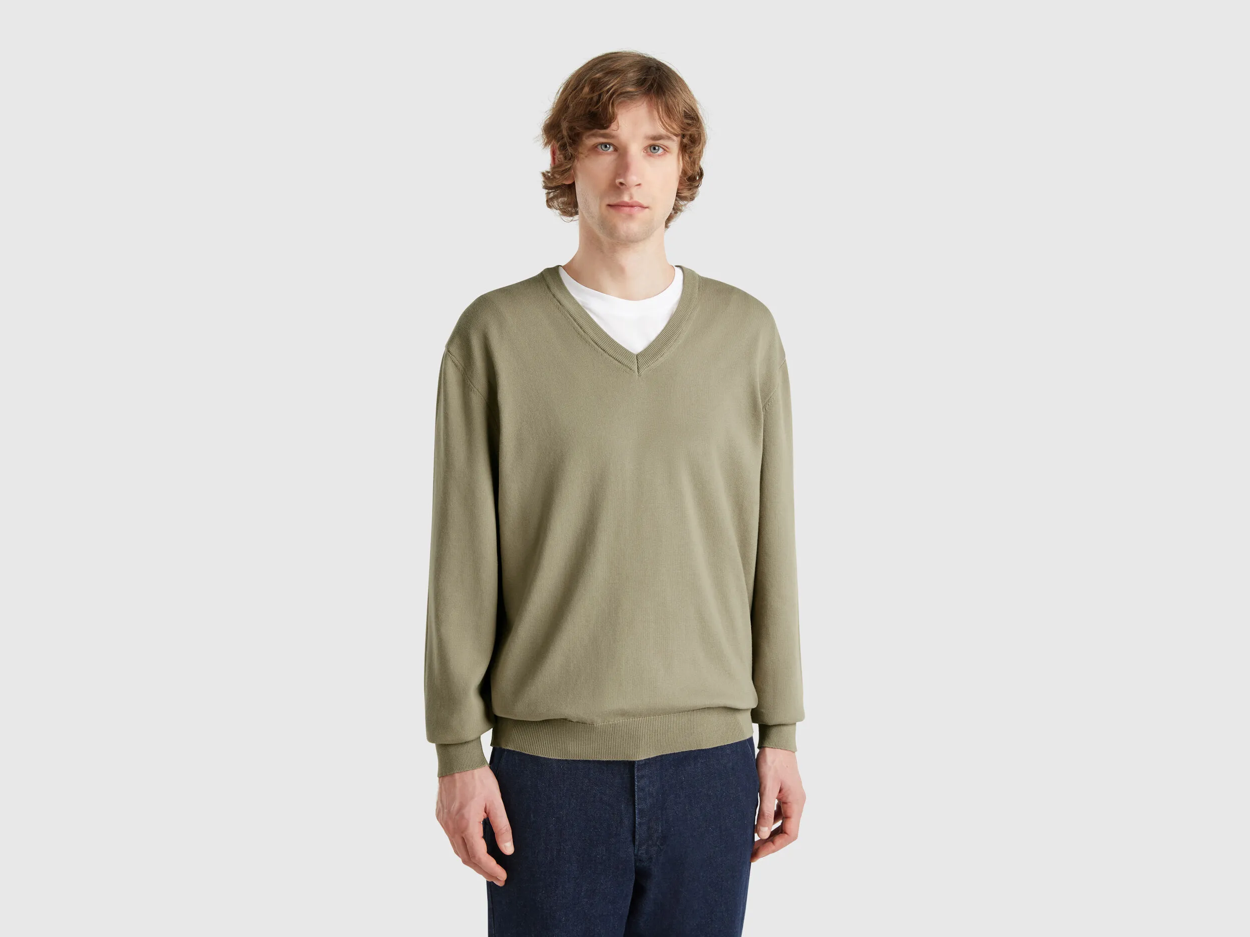 Pull en pur coton à col V - Kaki