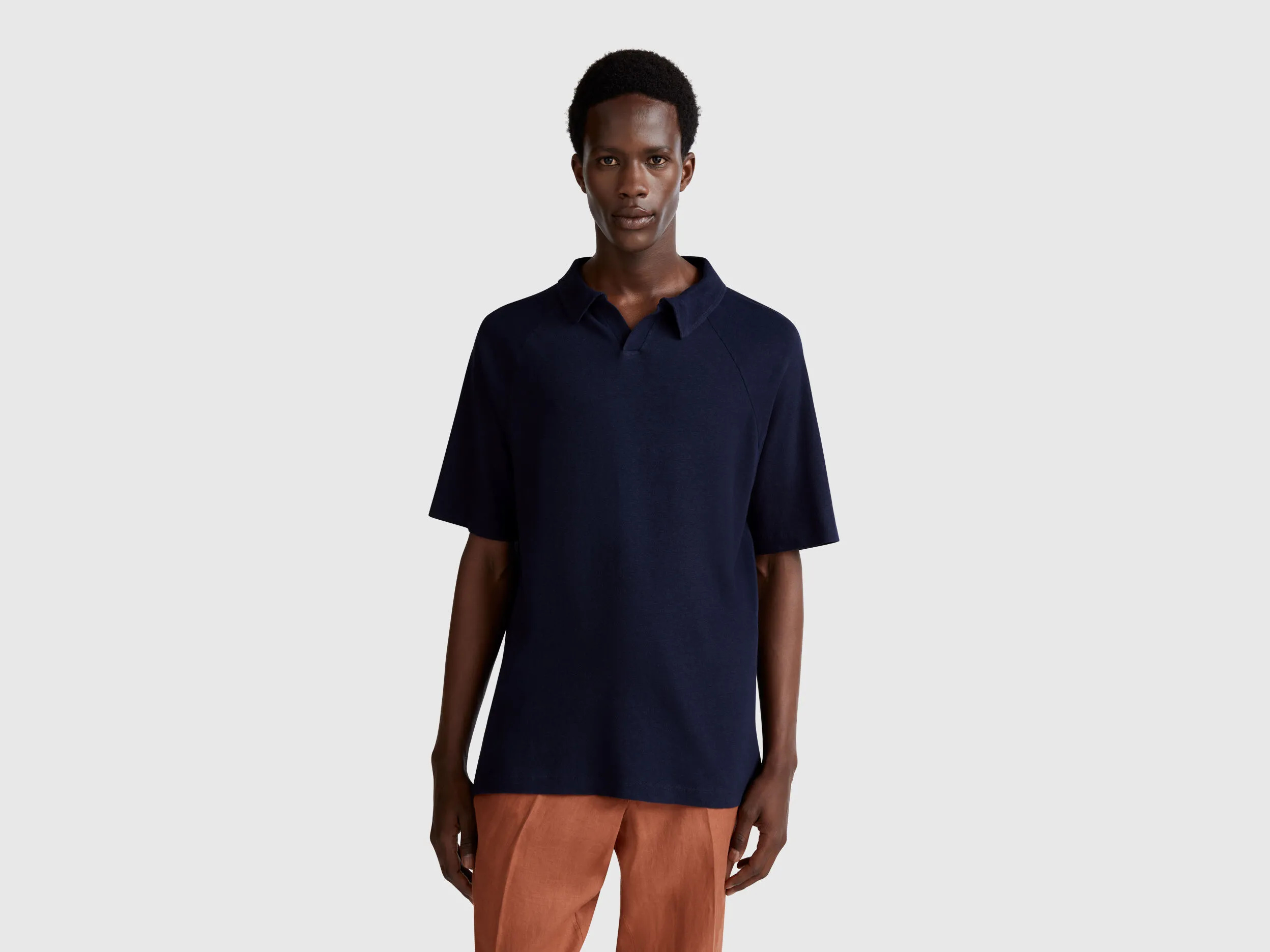 Polo en lin mélangé - Bleu Foncé