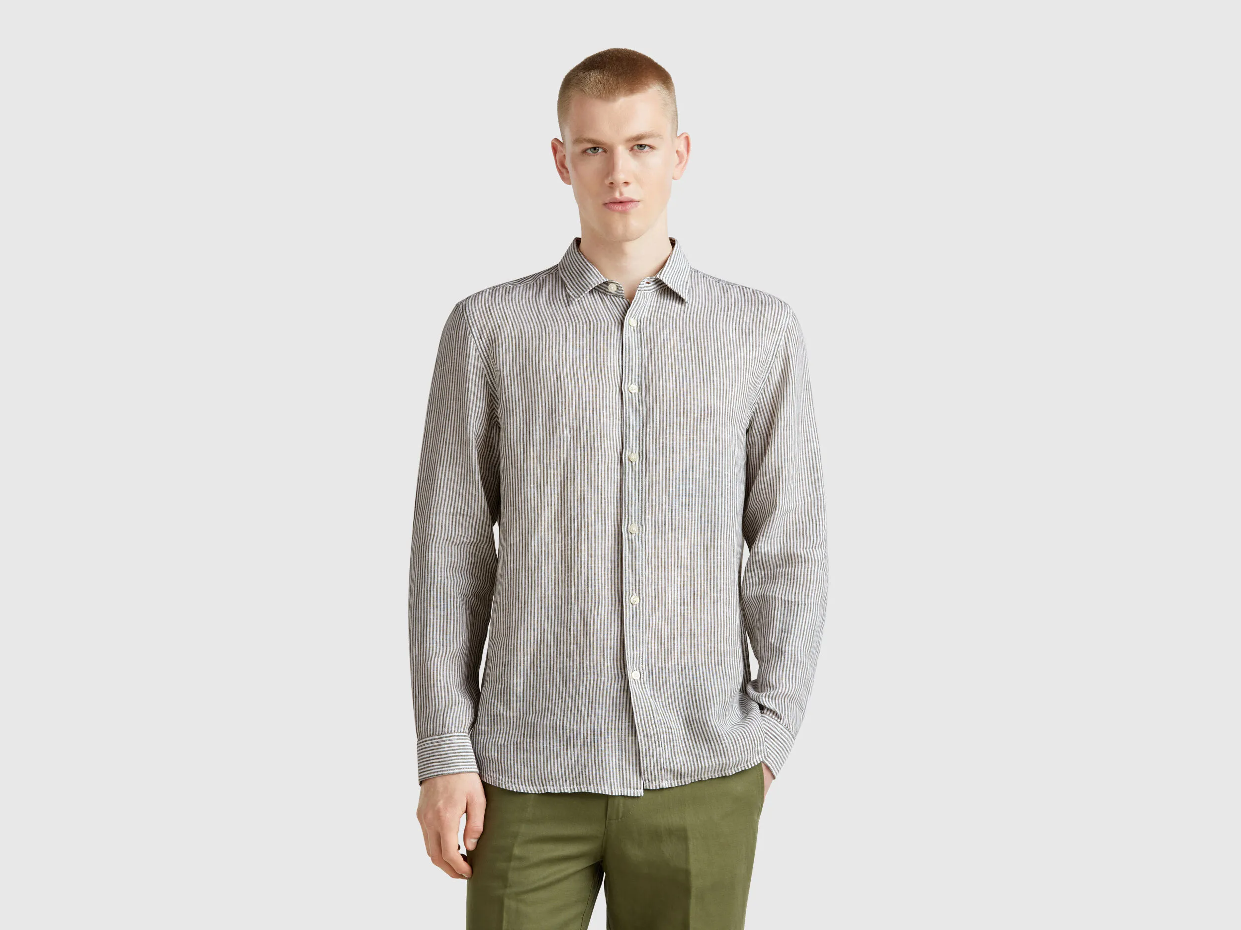 Chemise rayée verte et blanche en pur lin - Kaki