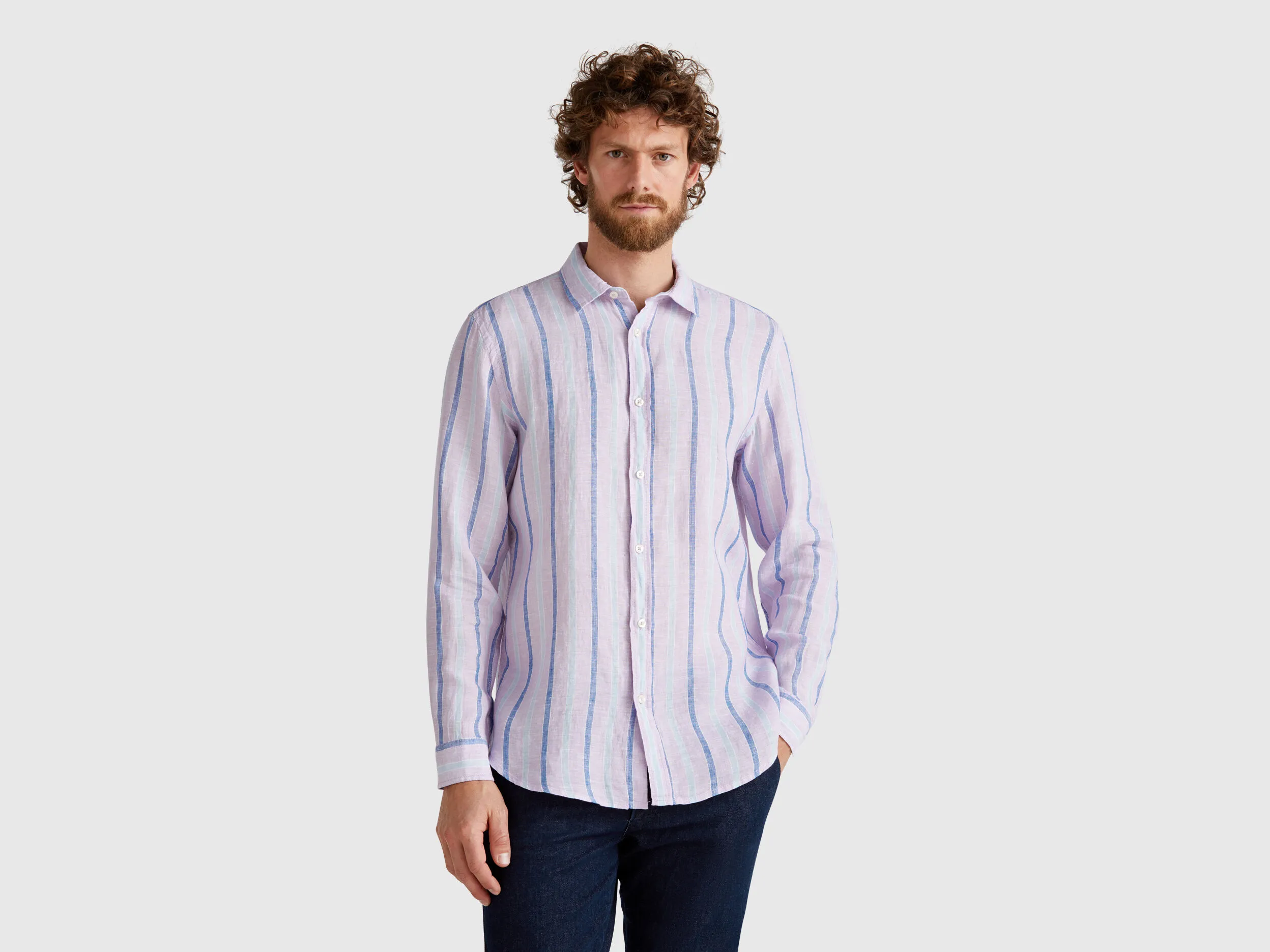 Chemise rayée lilas en pur lin - Lilas