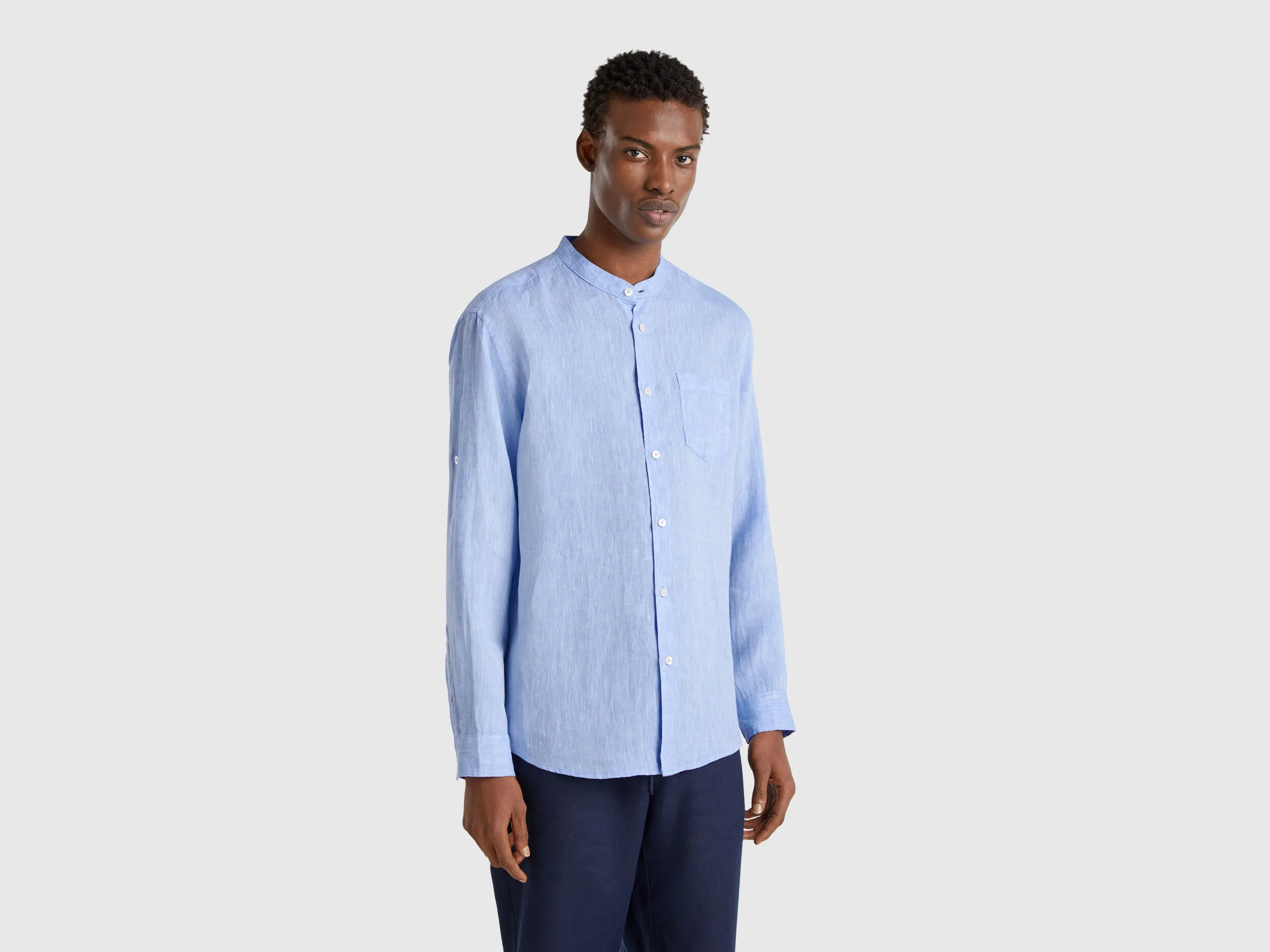 Chemise en lin à col mao - Bleu Clair