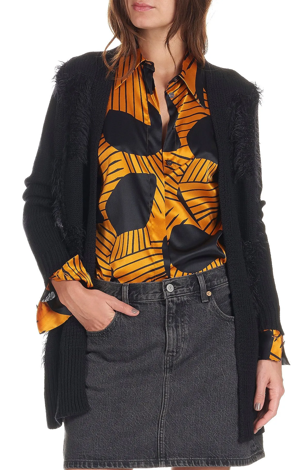 Gilet long ouvert en laine Noir