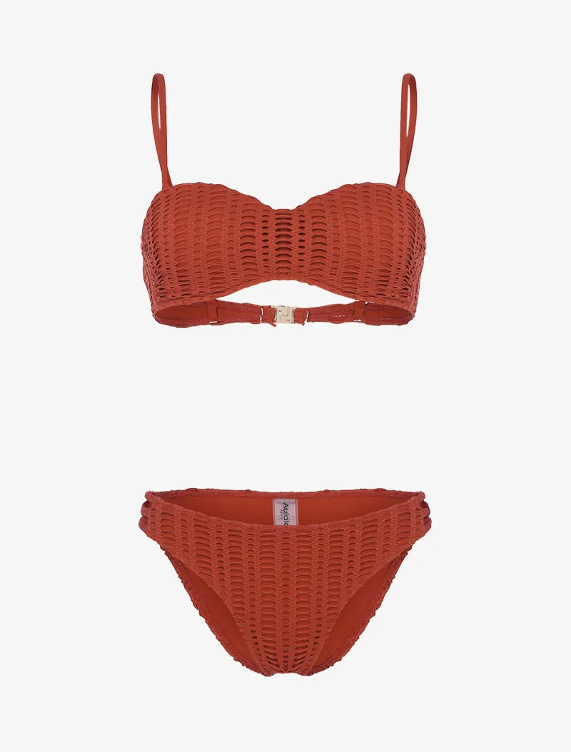 Bikini à balconnet à doublure ajourée graphique - rouge brique
