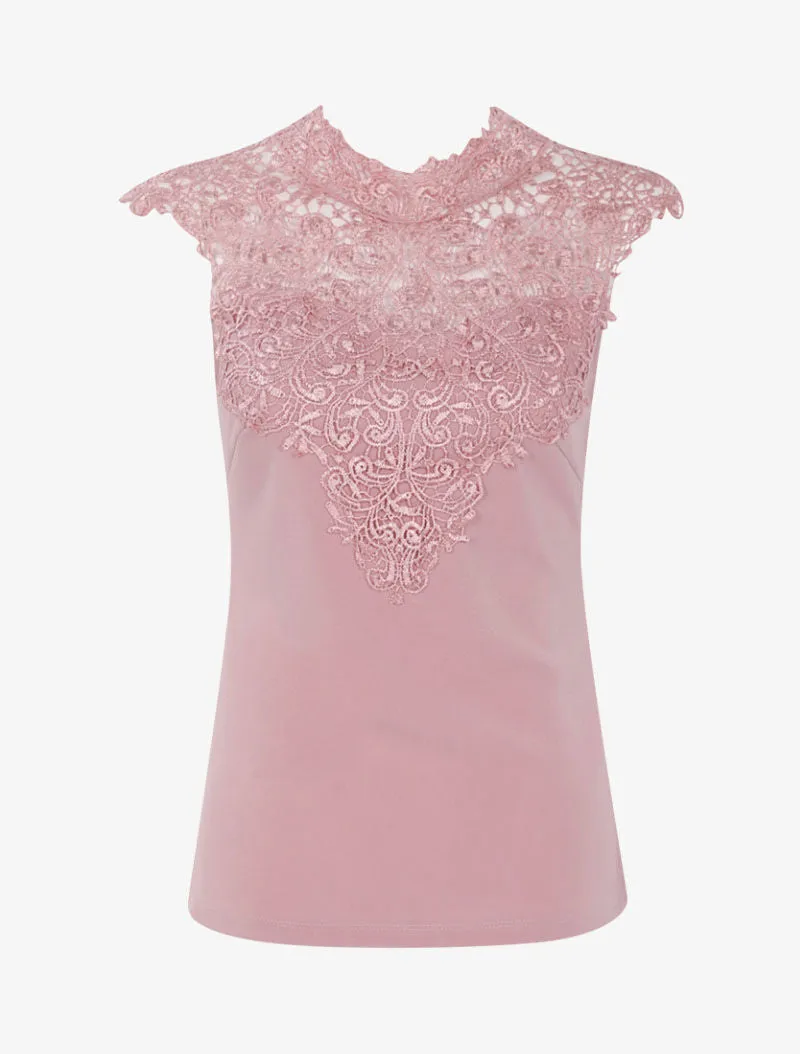 Top à plastron en dentelle festonnée - rose