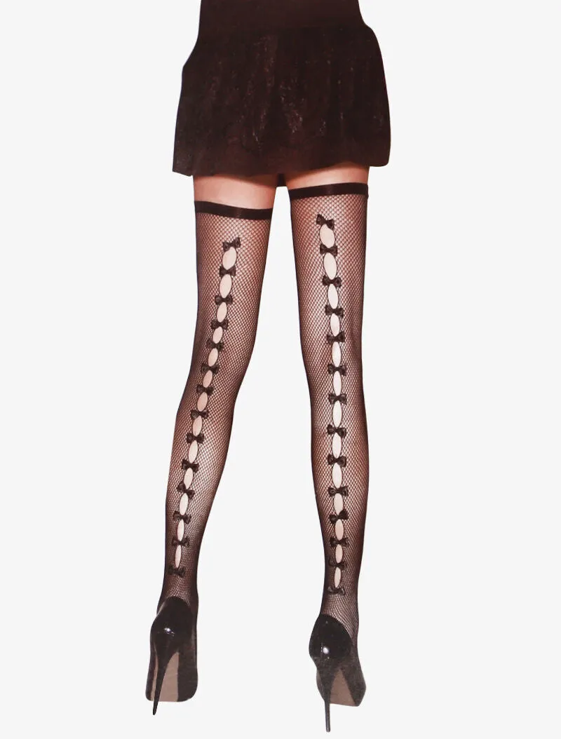 Bas résille ajourés à l'arrière à détails noeuds - noir