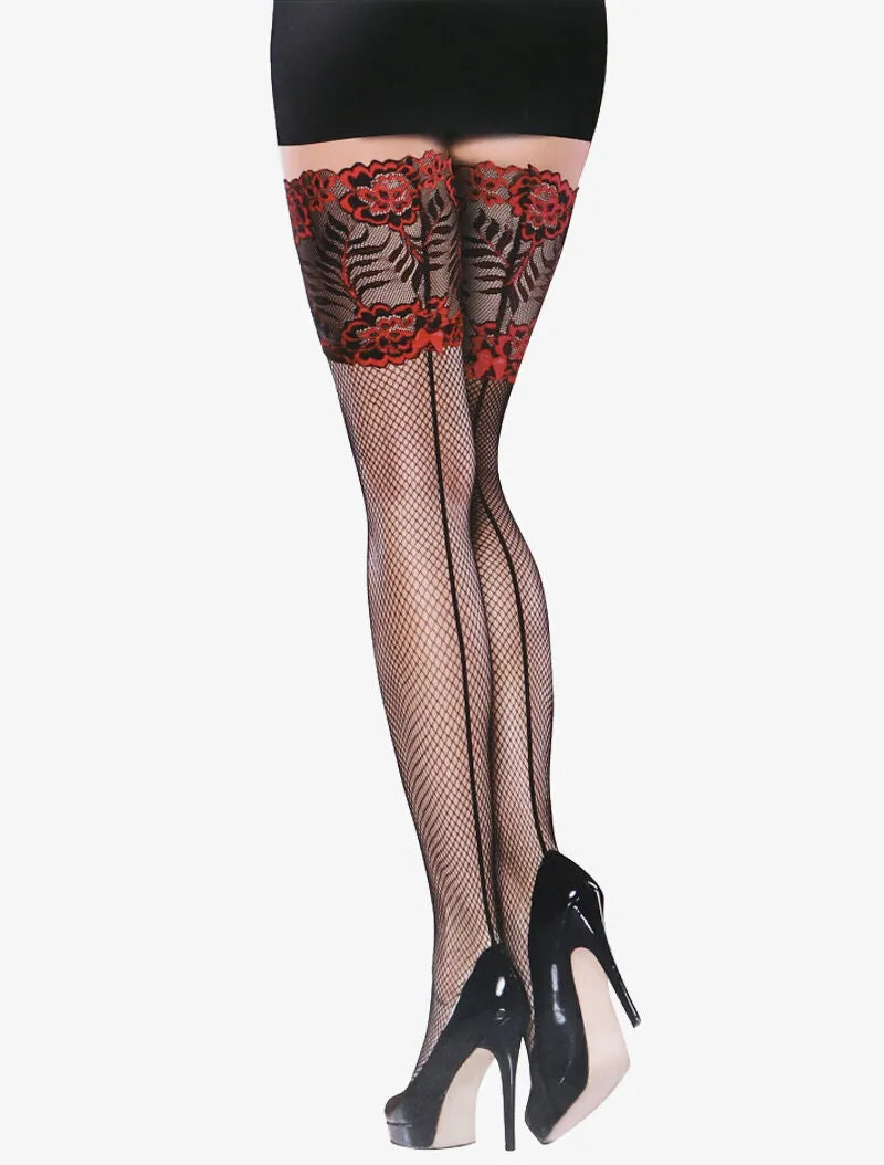 Bas résille à jarretière fleurie - noir/rouge