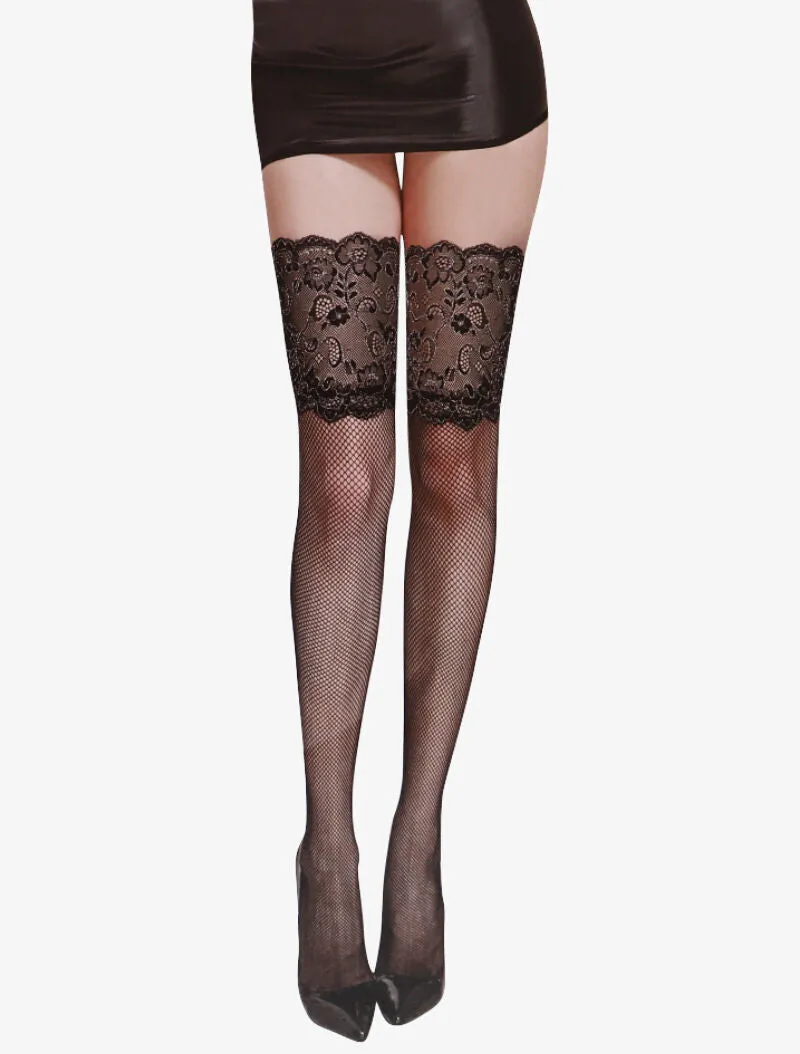 Bas résille à jarretière fleurie scintillante - noir