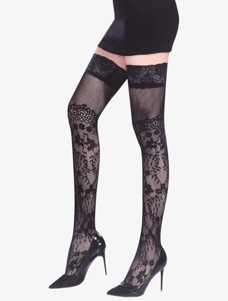 Bas en dentelle fleurie et détails résille - noir