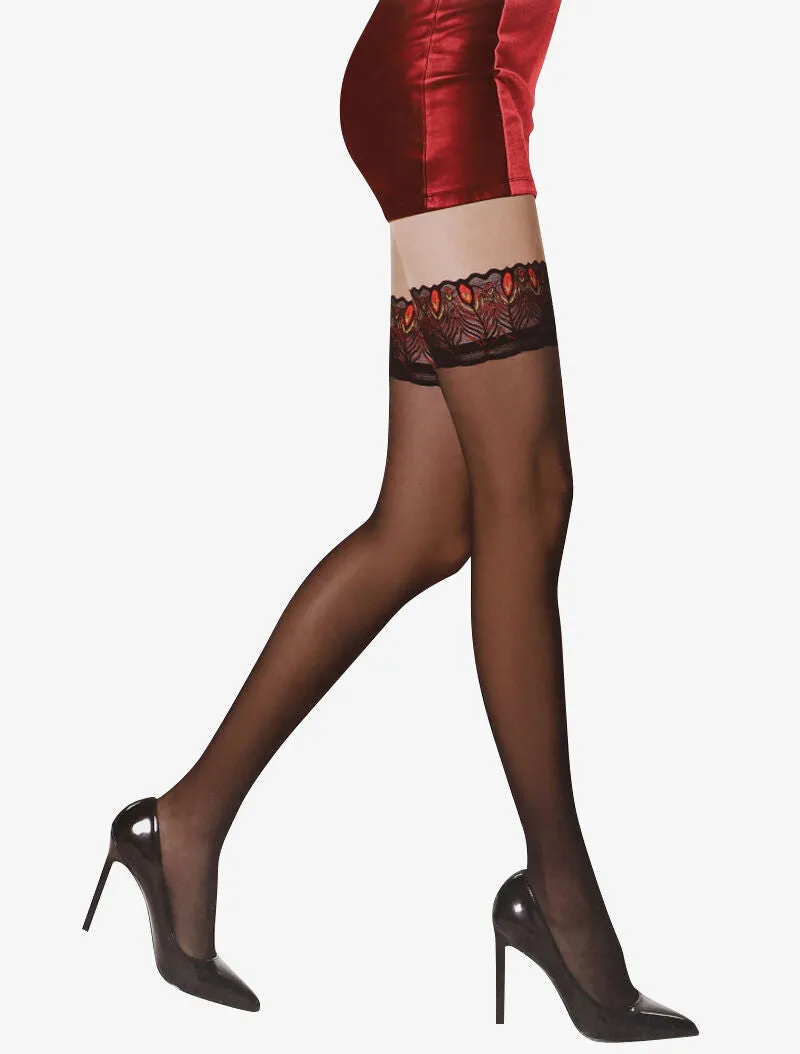 Bas à plumes de paon brodées - noir/rouge