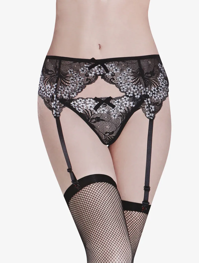 Porte-jarretelles à petites fleurs irisées - noir