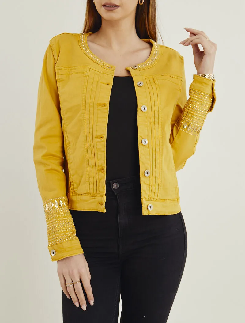 Veste en jean à broderie bohème - moutarde