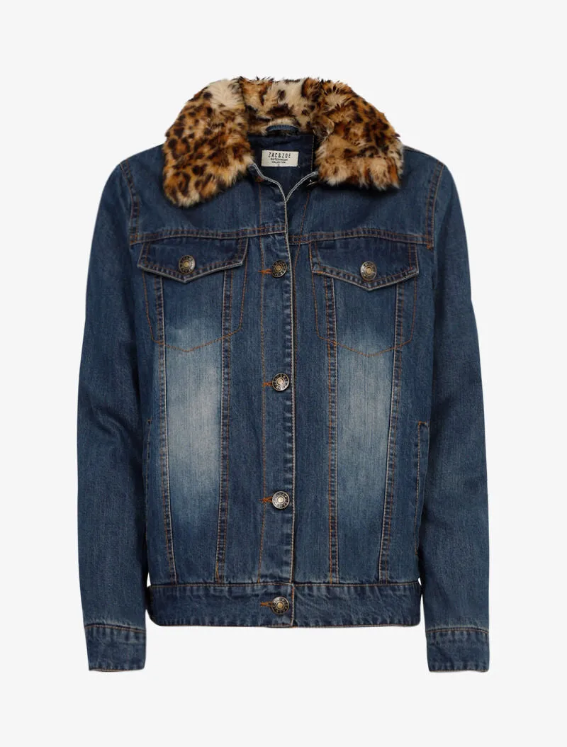 Veste en jean à col style léopard - bleu denim