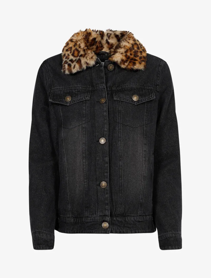 Veste en jean à col style léopard - noir