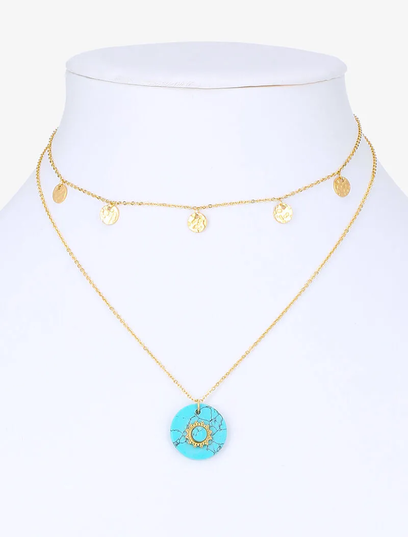 Collier multirang orné d'un rond et soleil stylisée - or/turquoise