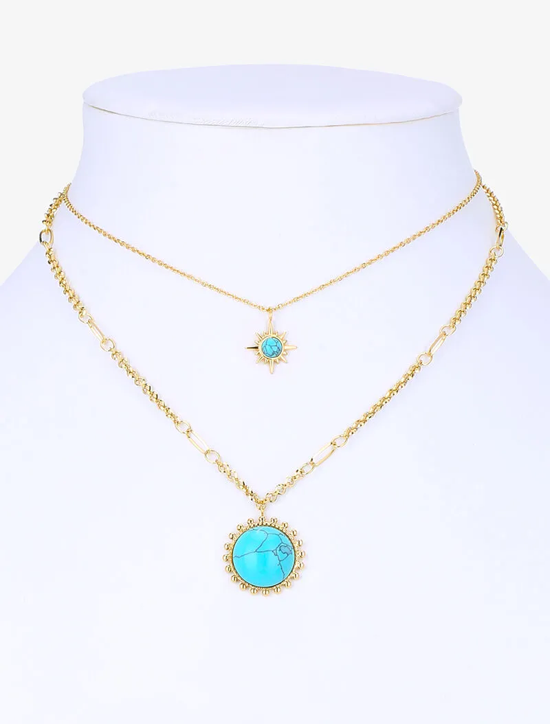 Collier multirang à soleils stylisés marbrés - or/turquoise