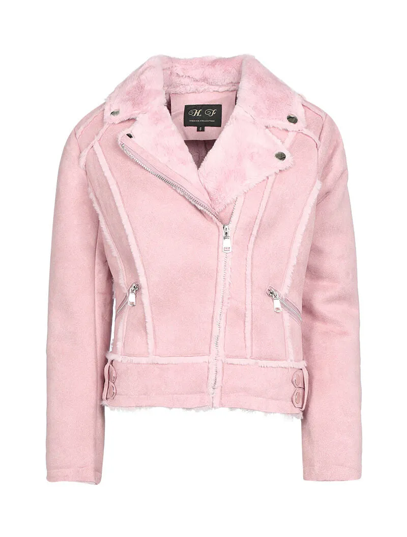 Veste suédée à col fourrure - rose