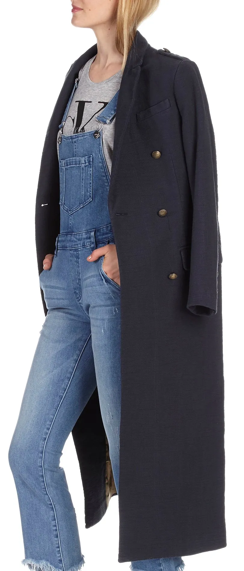 Manteau cintré long en coton Qem Bleu