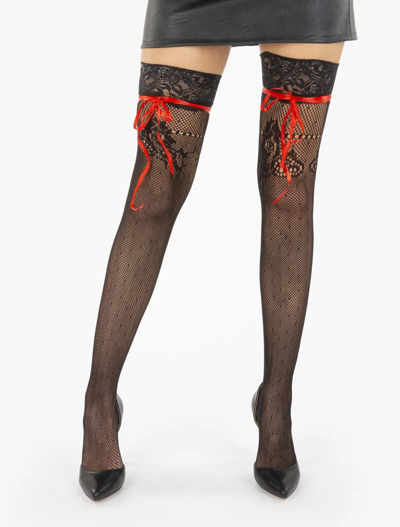 Bas résille à rubans intégrés - noir/rouge