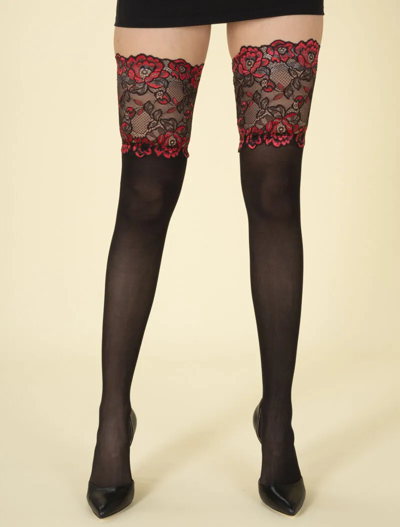 Bas en voile à jarretières fleuries - noir/rouge