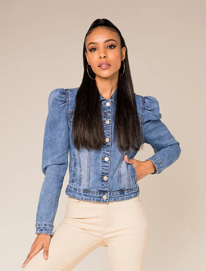 Veste courte en jean à manches gigots - bleu denim