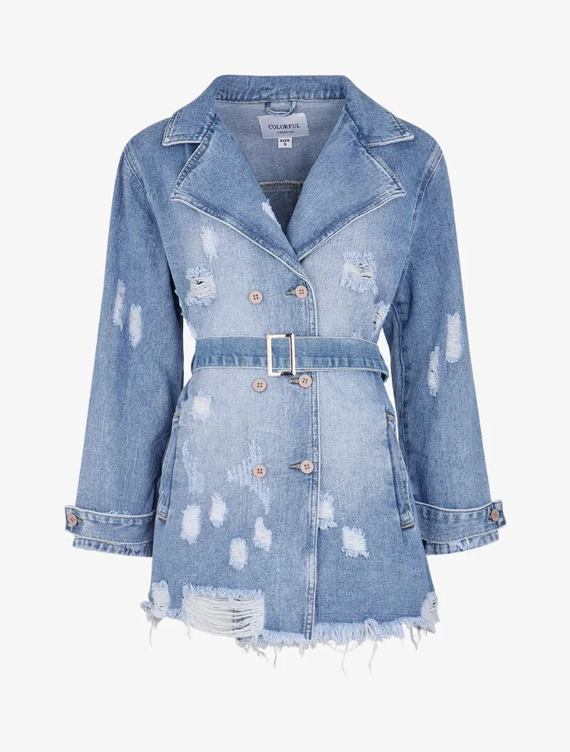 Veste en jean destroy et ceinturée - bleu denim