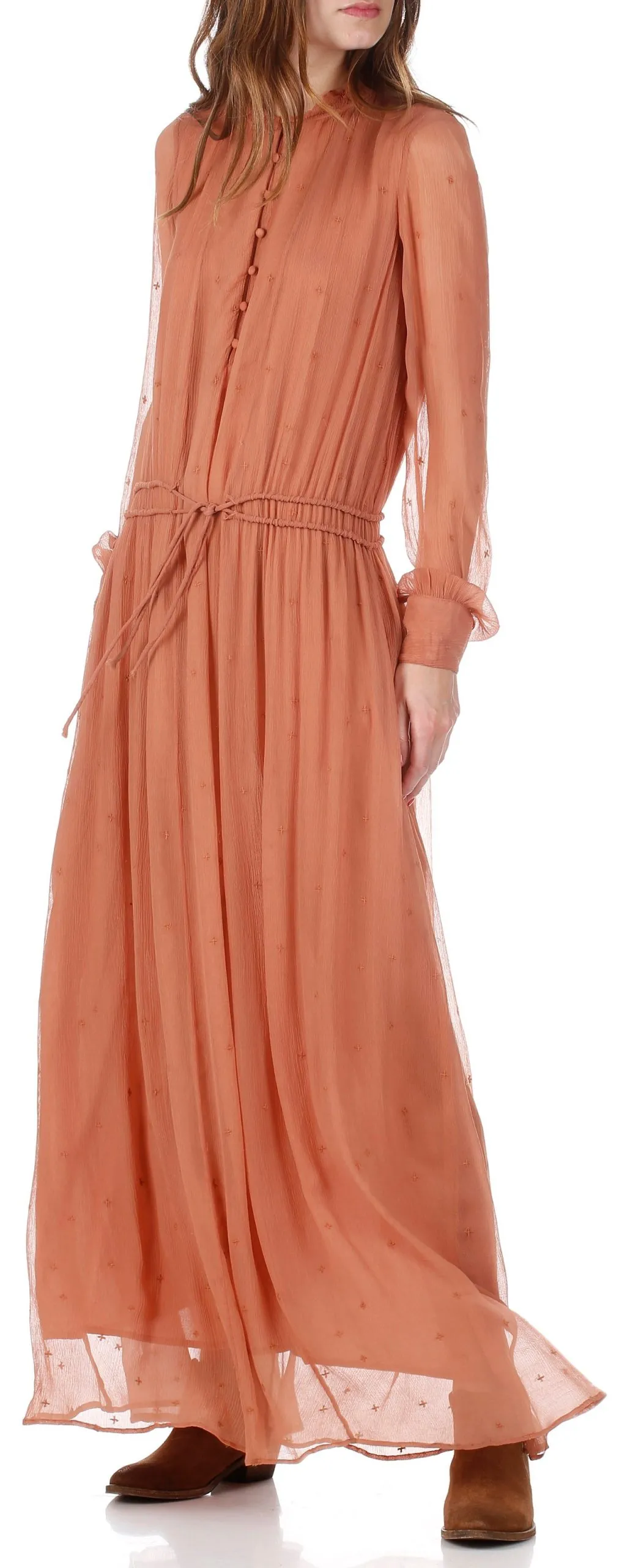 Robe longue en voile brodée Rose