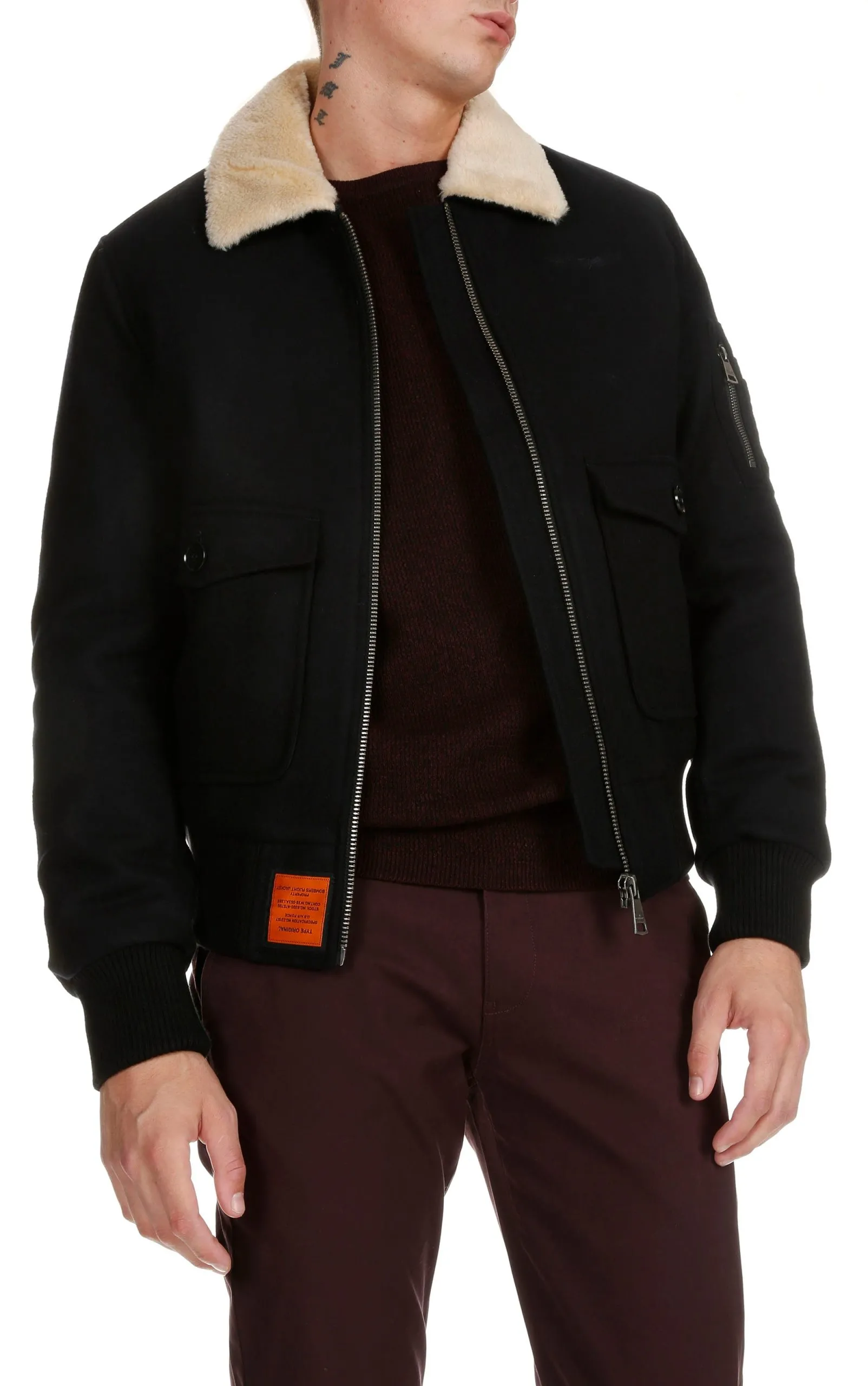 Blouson col classique droit en laine mélangée Bleu