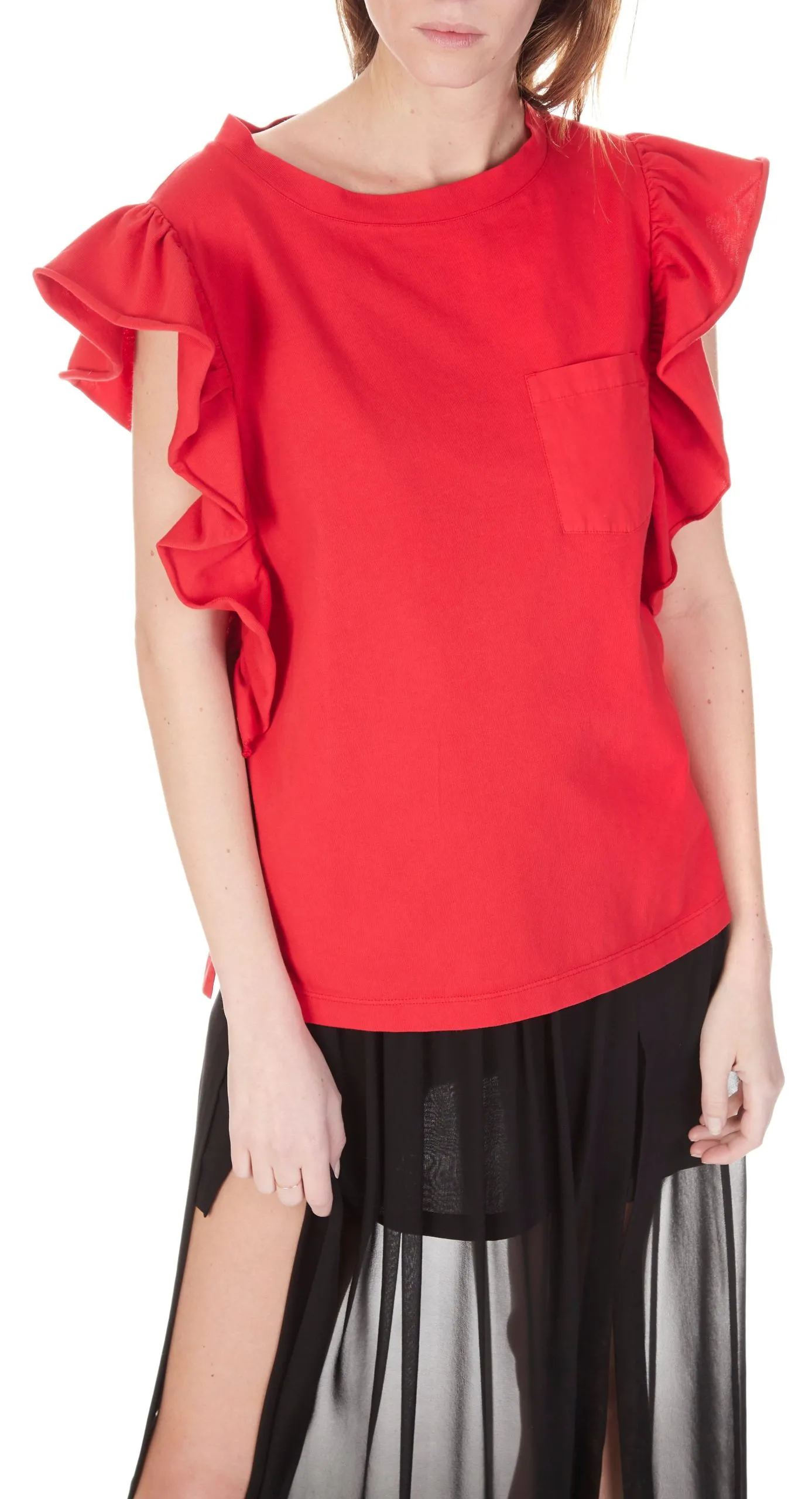 Tee-shirt col rond sans manches à volants Rose