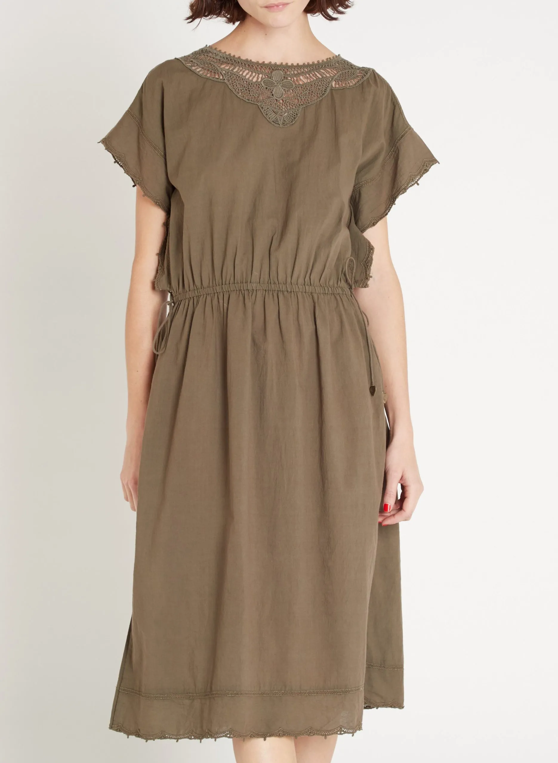 Robe midi cintrée brodée en coton Kaki