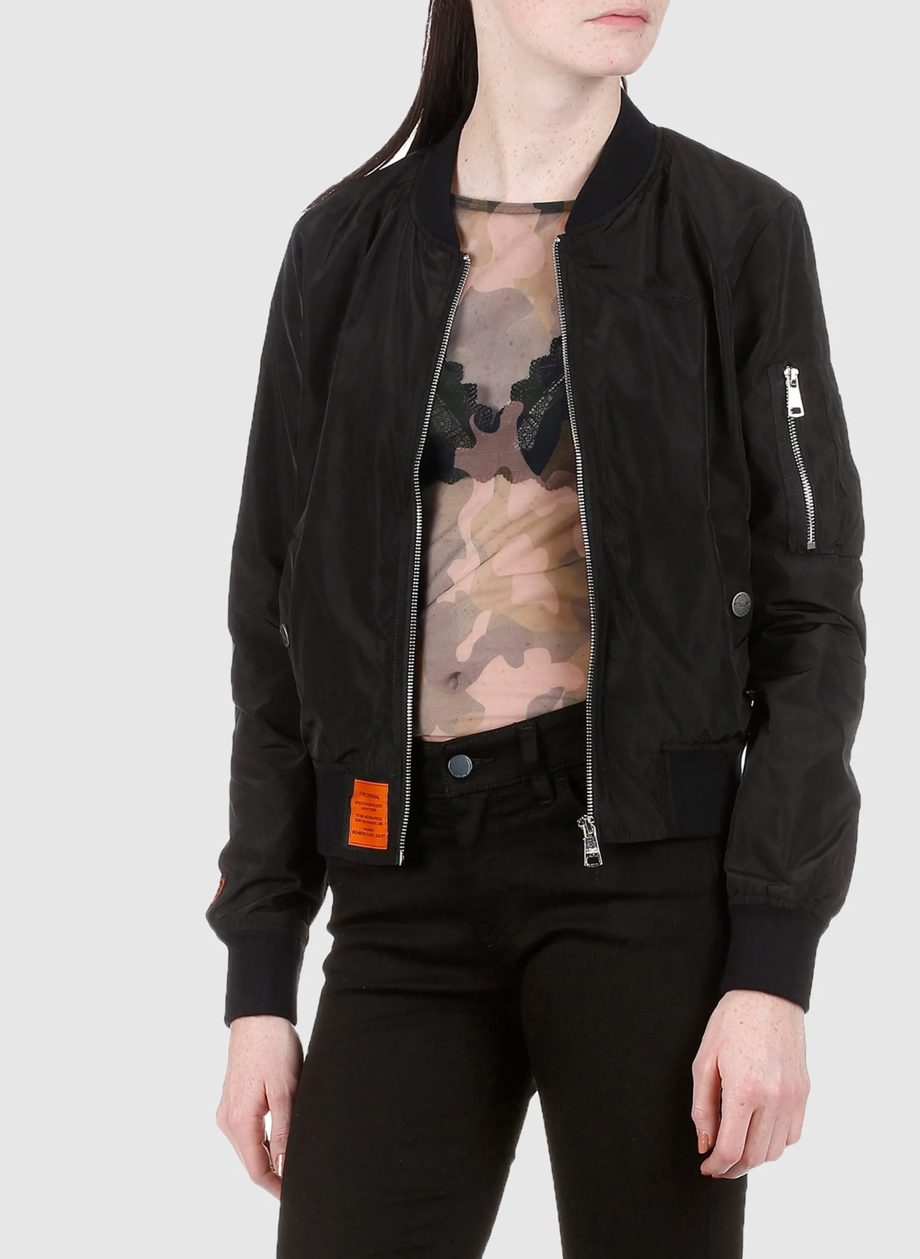Bomber col teddy zippé en nylon Noir MA1
