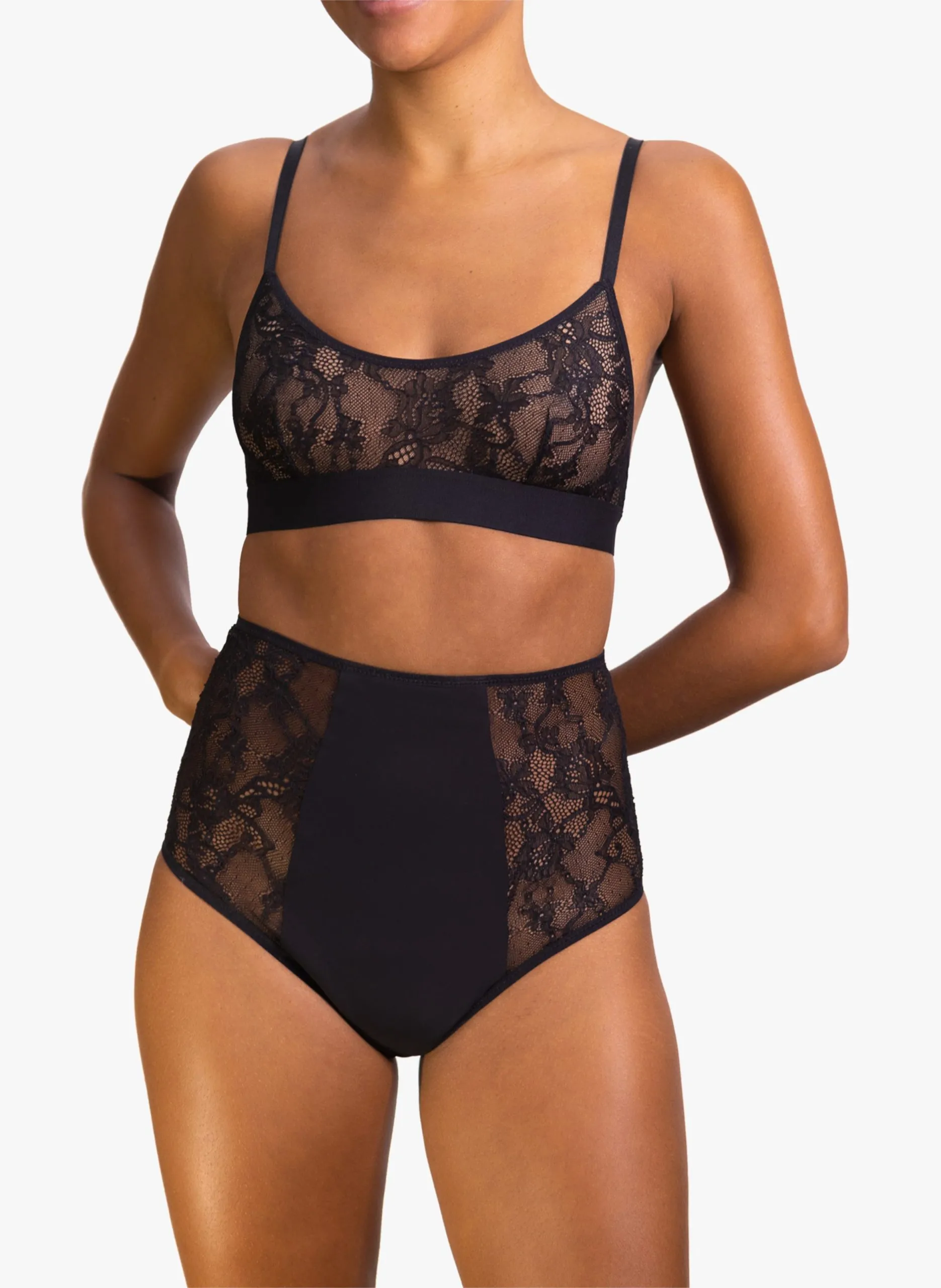 Culotte menstruelle taille haute flux moyen en dentelles Noir RHEA