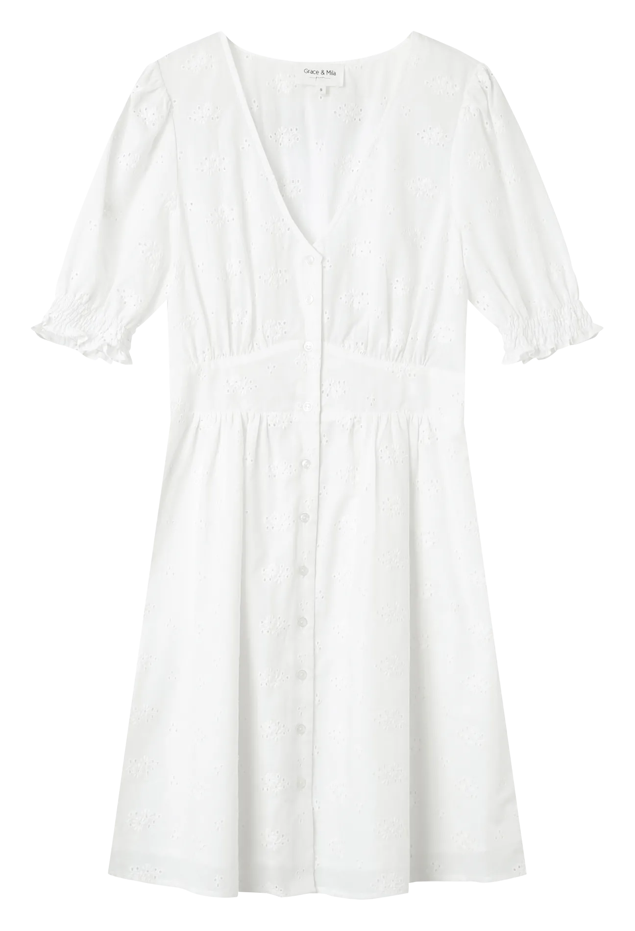 Robe courte col V en coton brodé Blanc JOIE