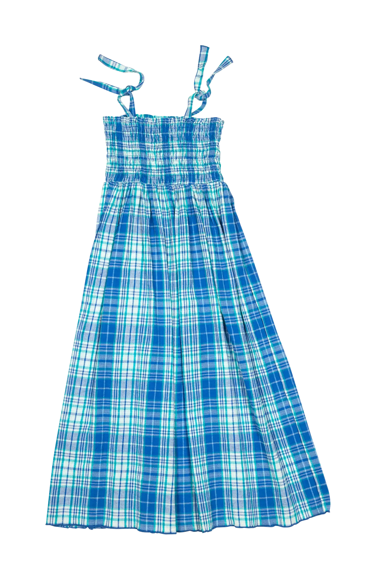 Robe longue col bustier à carreaux en coton Bleu AMBER