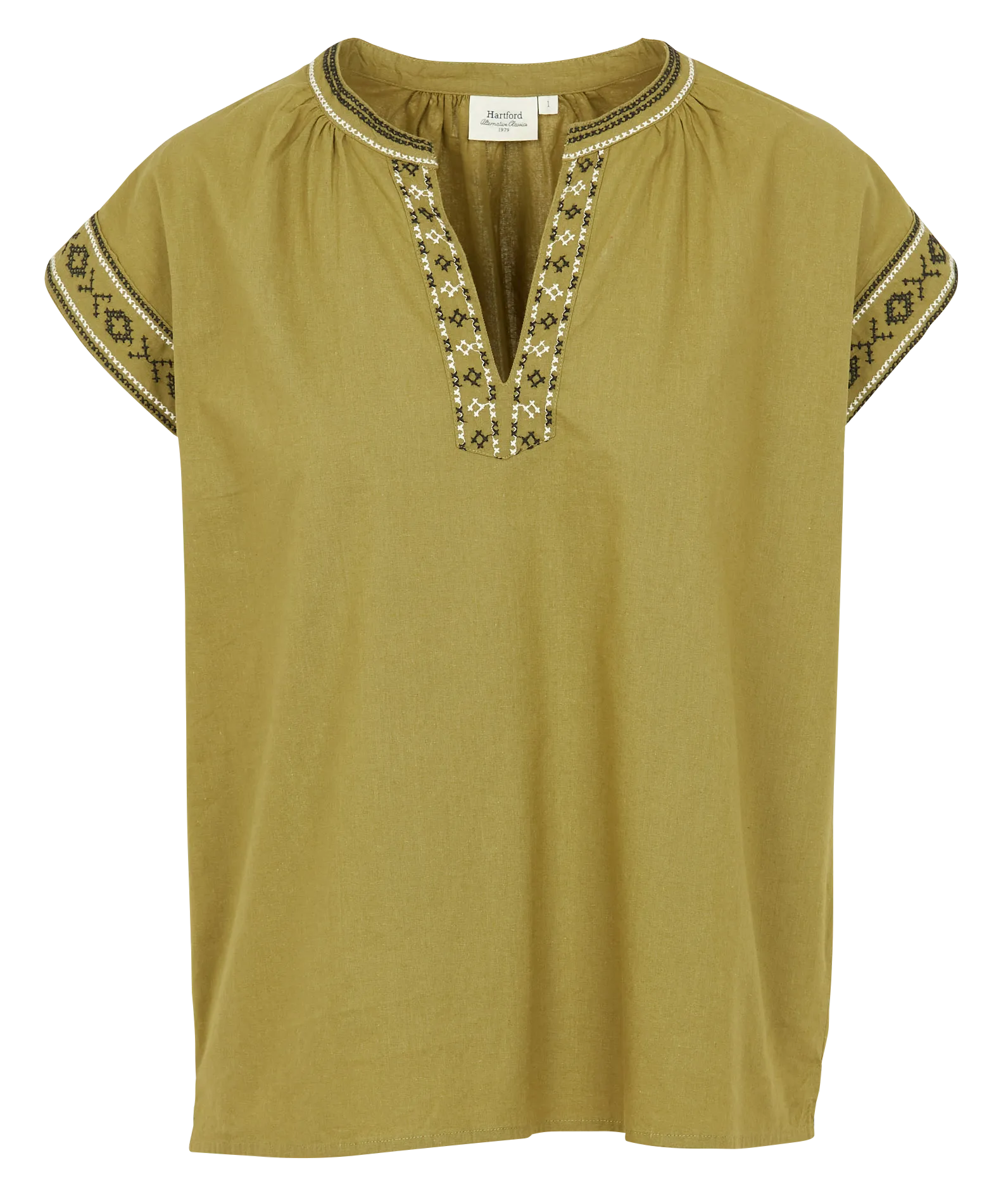 Blouse ample col V en coton brodé Kaki HIRO