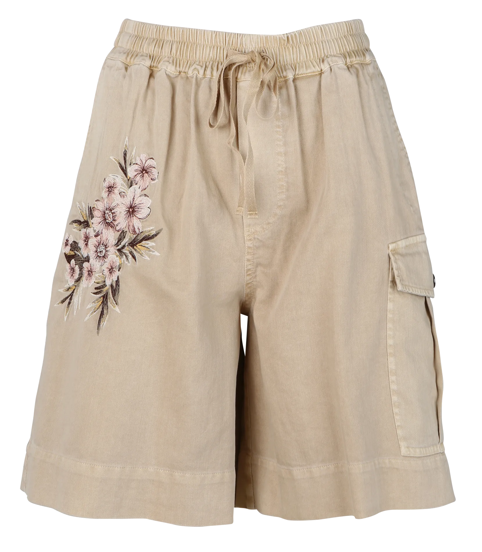 Short taille haute brodé en coton mélangée Beige