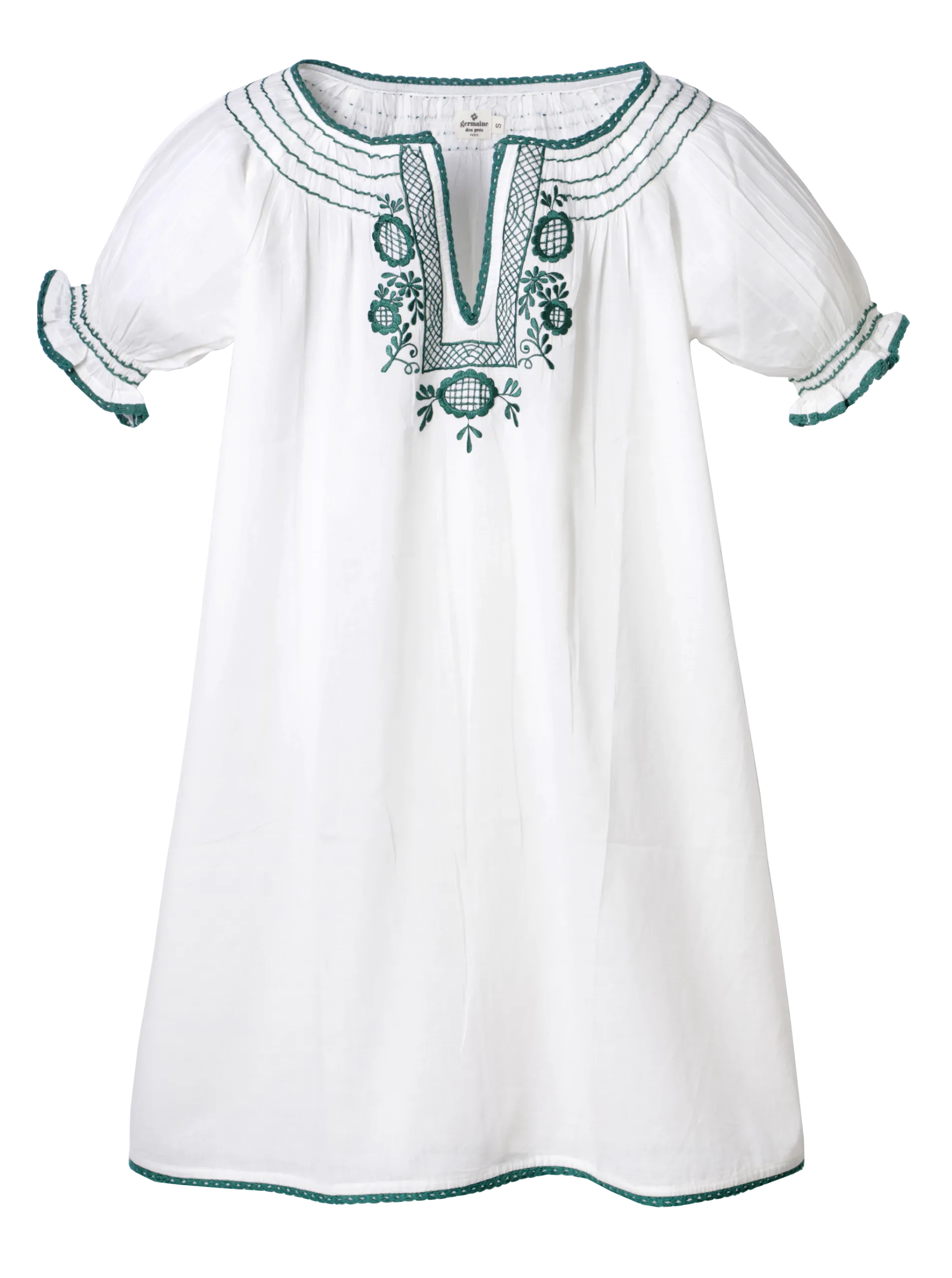 Robe courte brodée col tunisien en coton Vert ZOE
