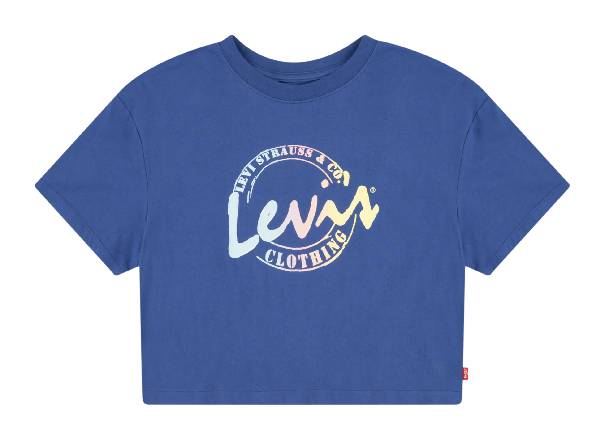 Tee-shirt court à col rond en coton sérigraphié Bleu