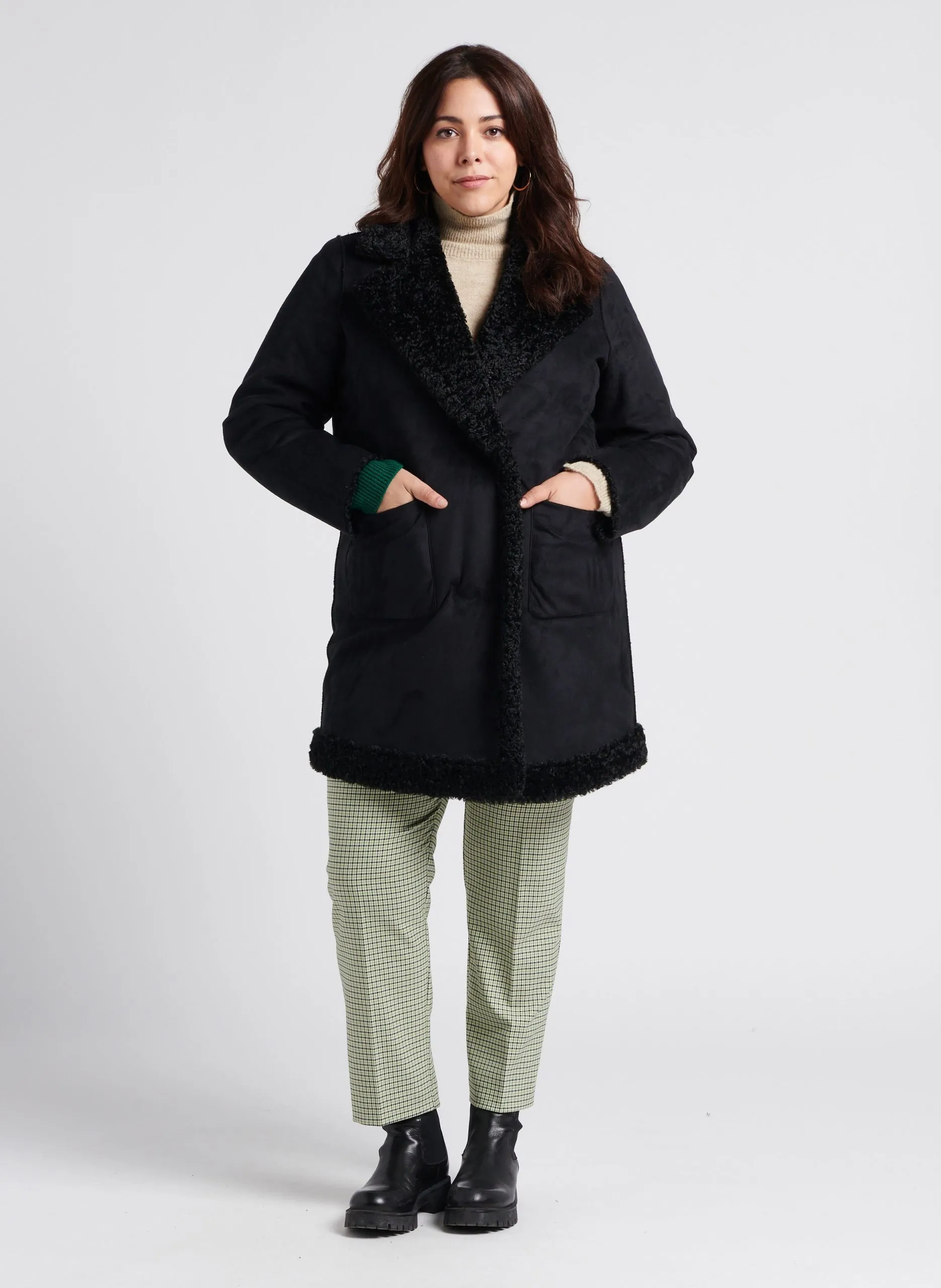 Manteau long réversible à col peluche Noir EDEN