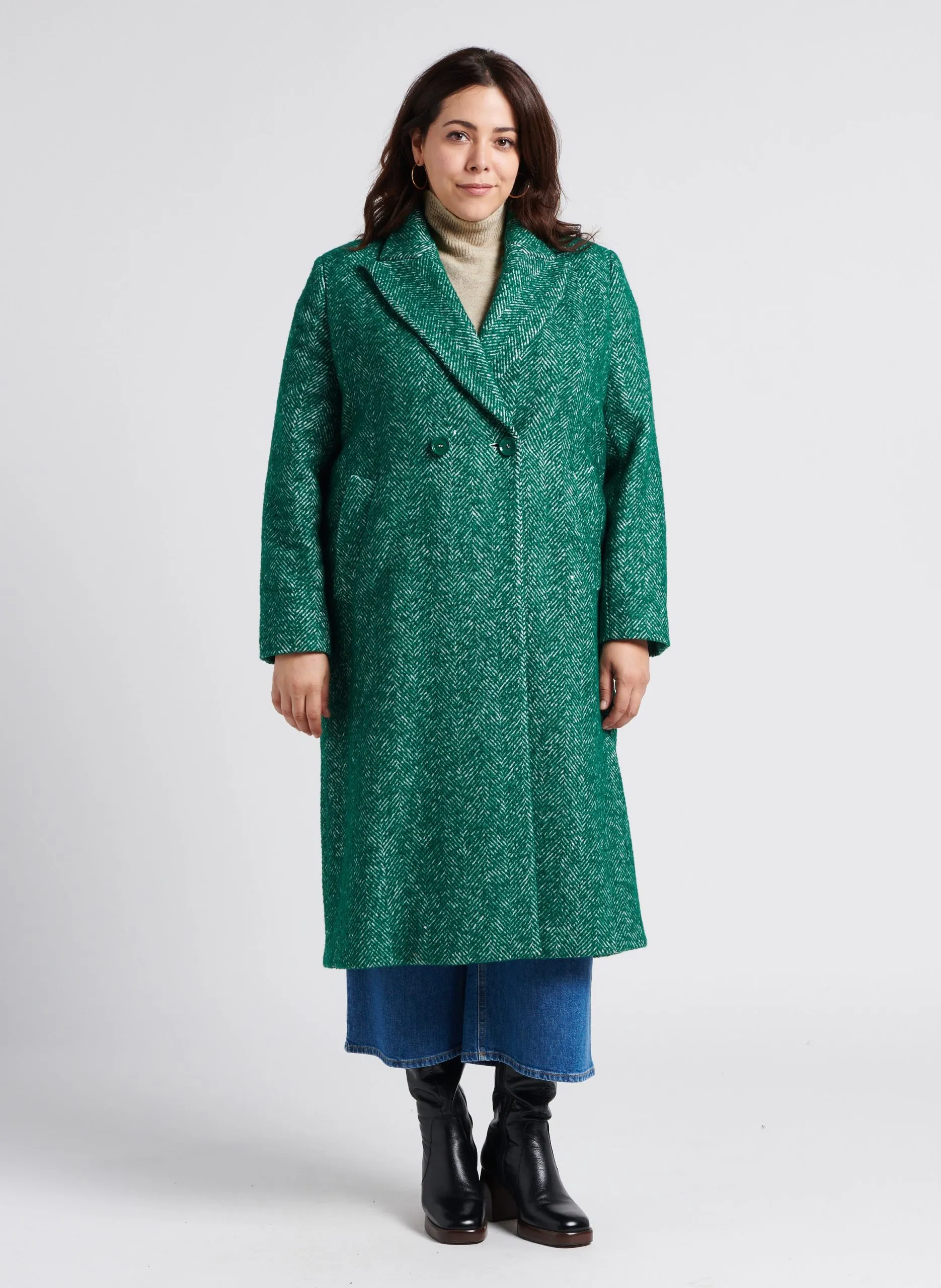 Manteau long col tailleur à chevrons en maille mélangée Blanc TIMO