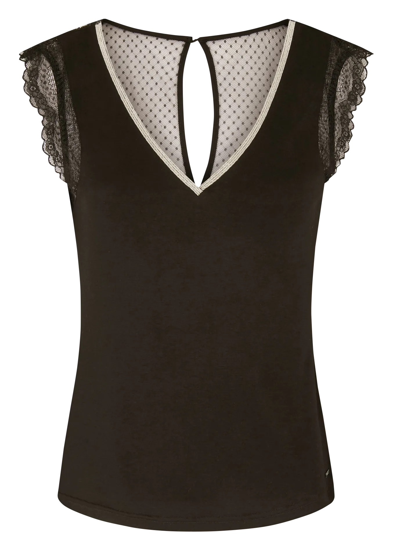 Tee-shirt col V en dentelle Marron 232-DOCHAN