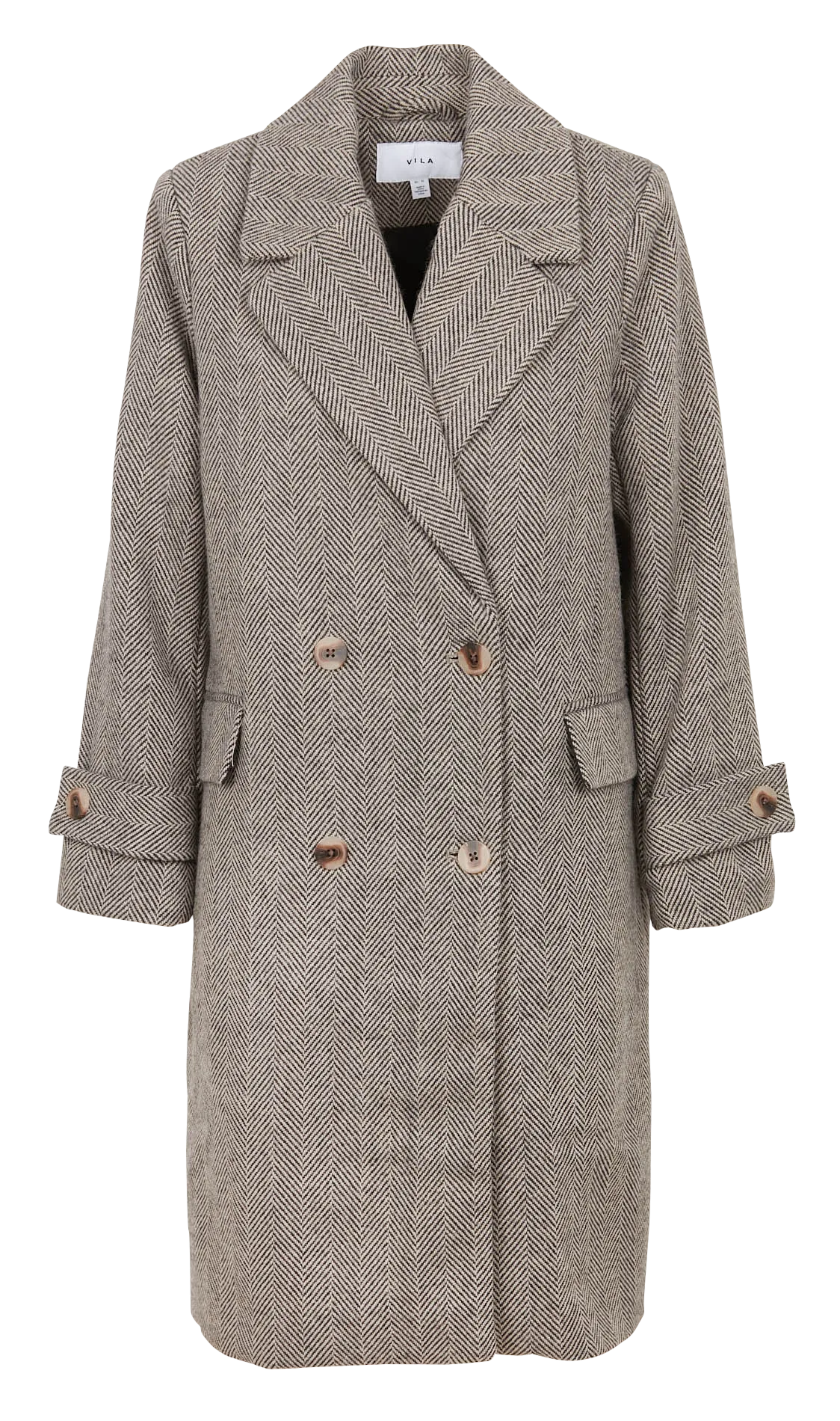 Manteau long col tailleur à imprimé chevron Beige HYNDA
