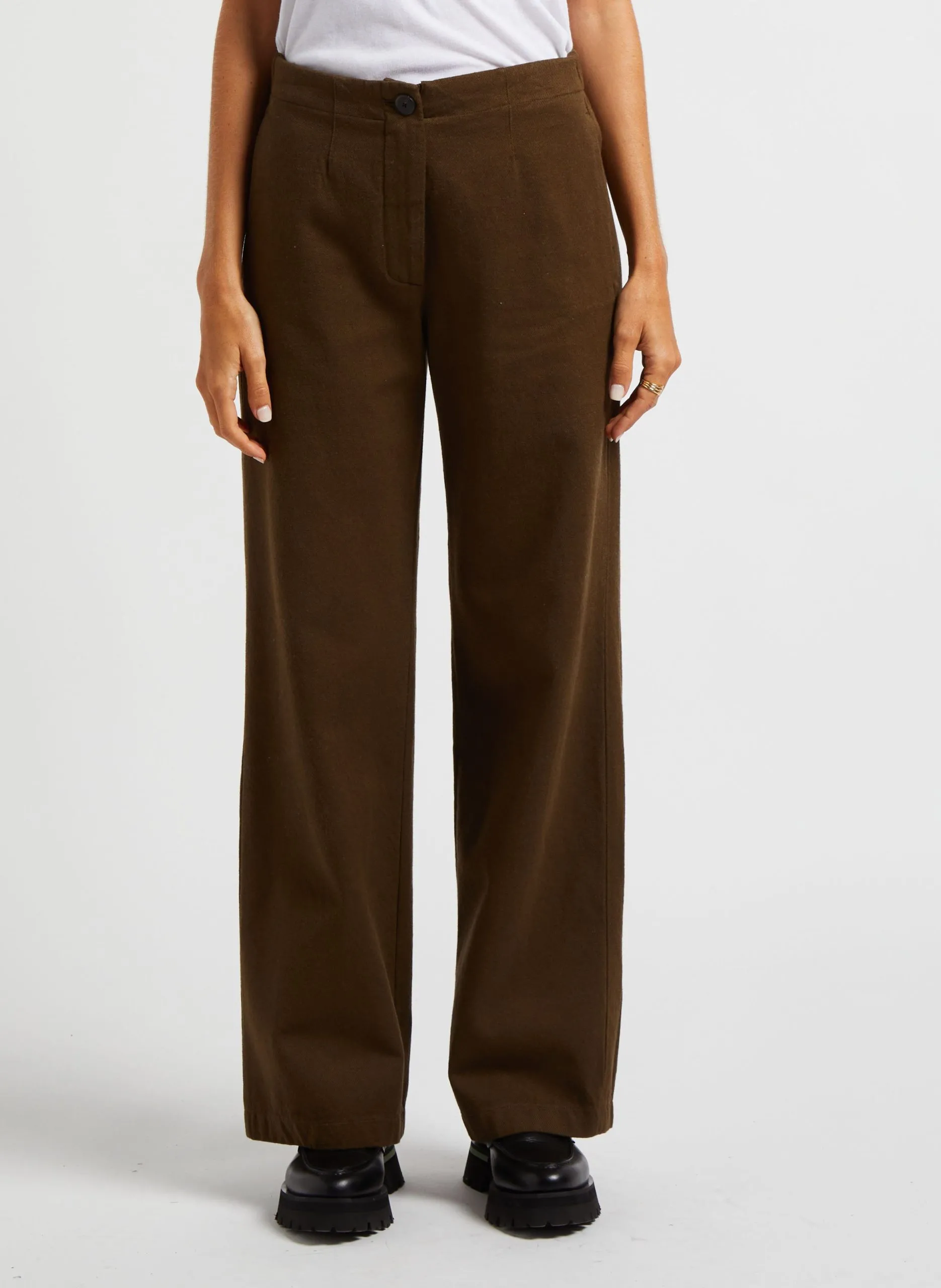 Pantalon large en laine et coton Vert