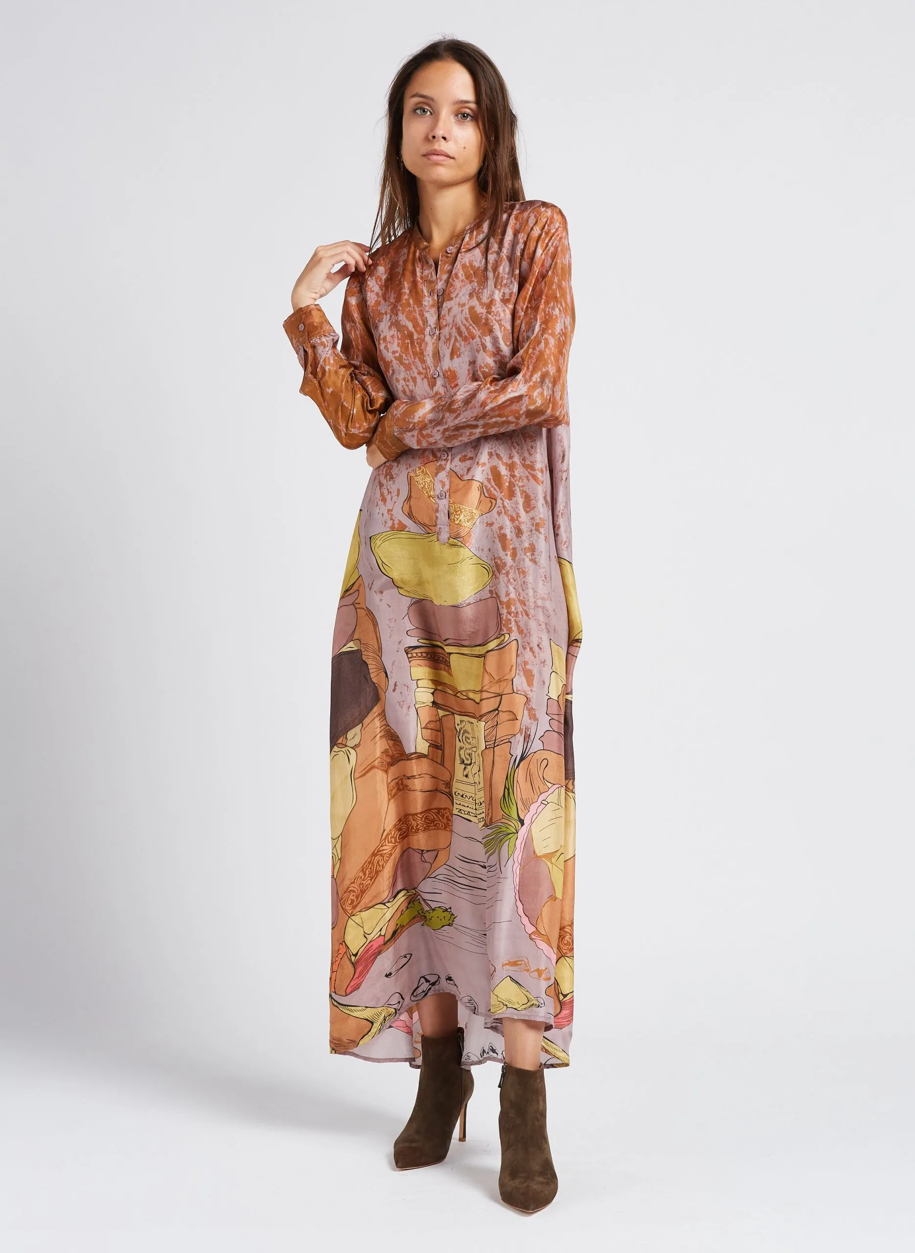 Robe chemise longue en soie imprimée Rose SHUNGITE