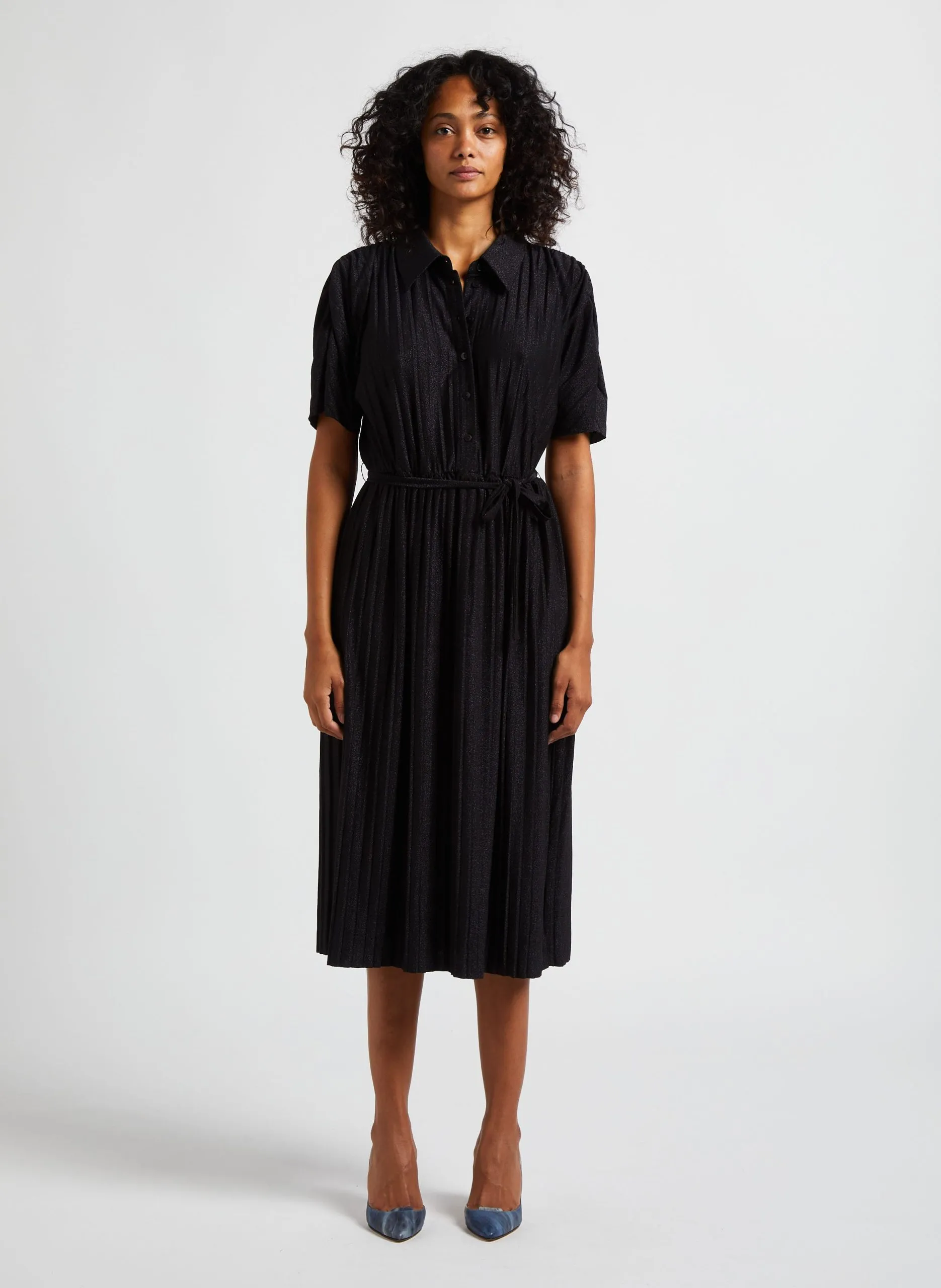 Robe midi col classique plissé à paillette Noir LUXI PLISSÉ
