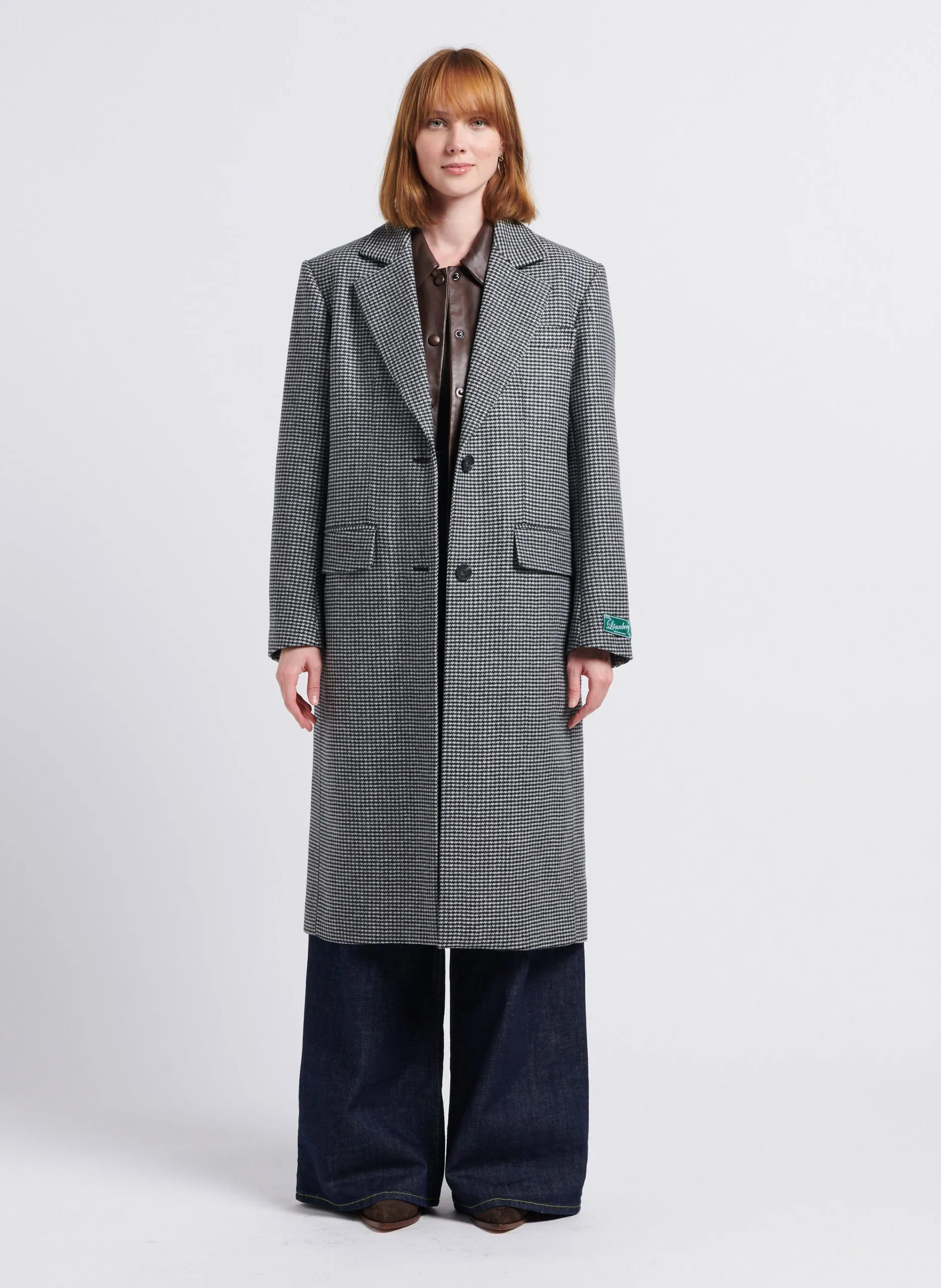Manteau long col tailleur motif pied-de-poule en laine vierge mélangée Gris SHARIE