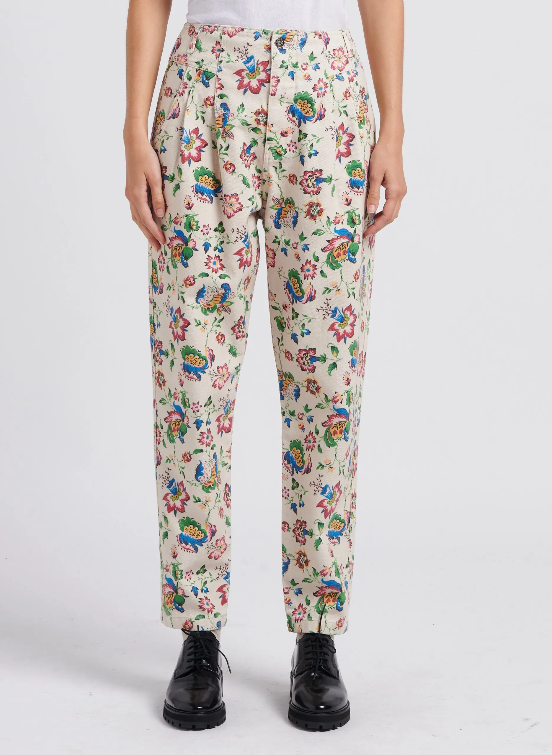 Pantalon carotte imprimé à fleurs en coton mélangé Bleu RENE