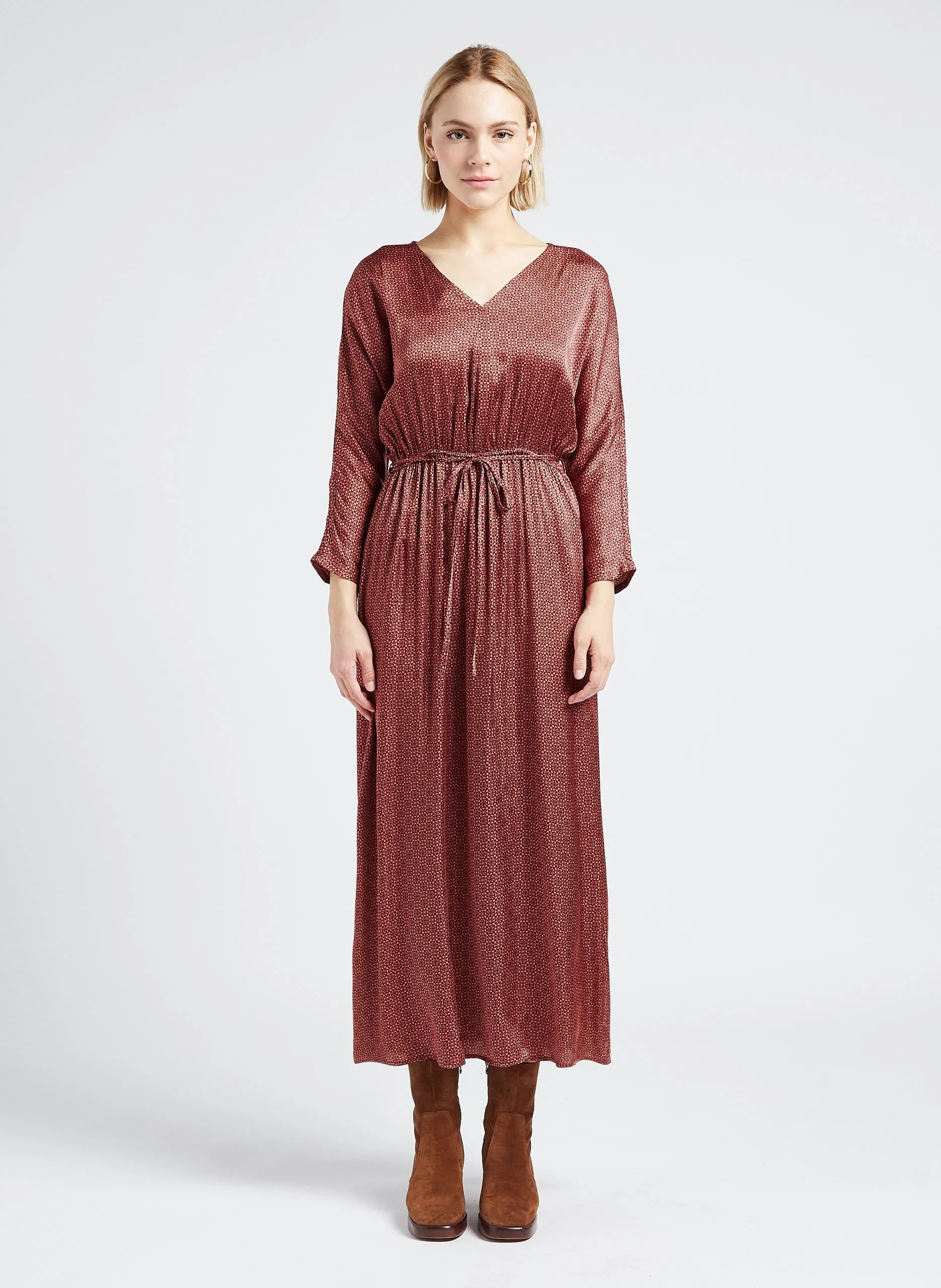 Robe midi col V imprimée Marron LUNA