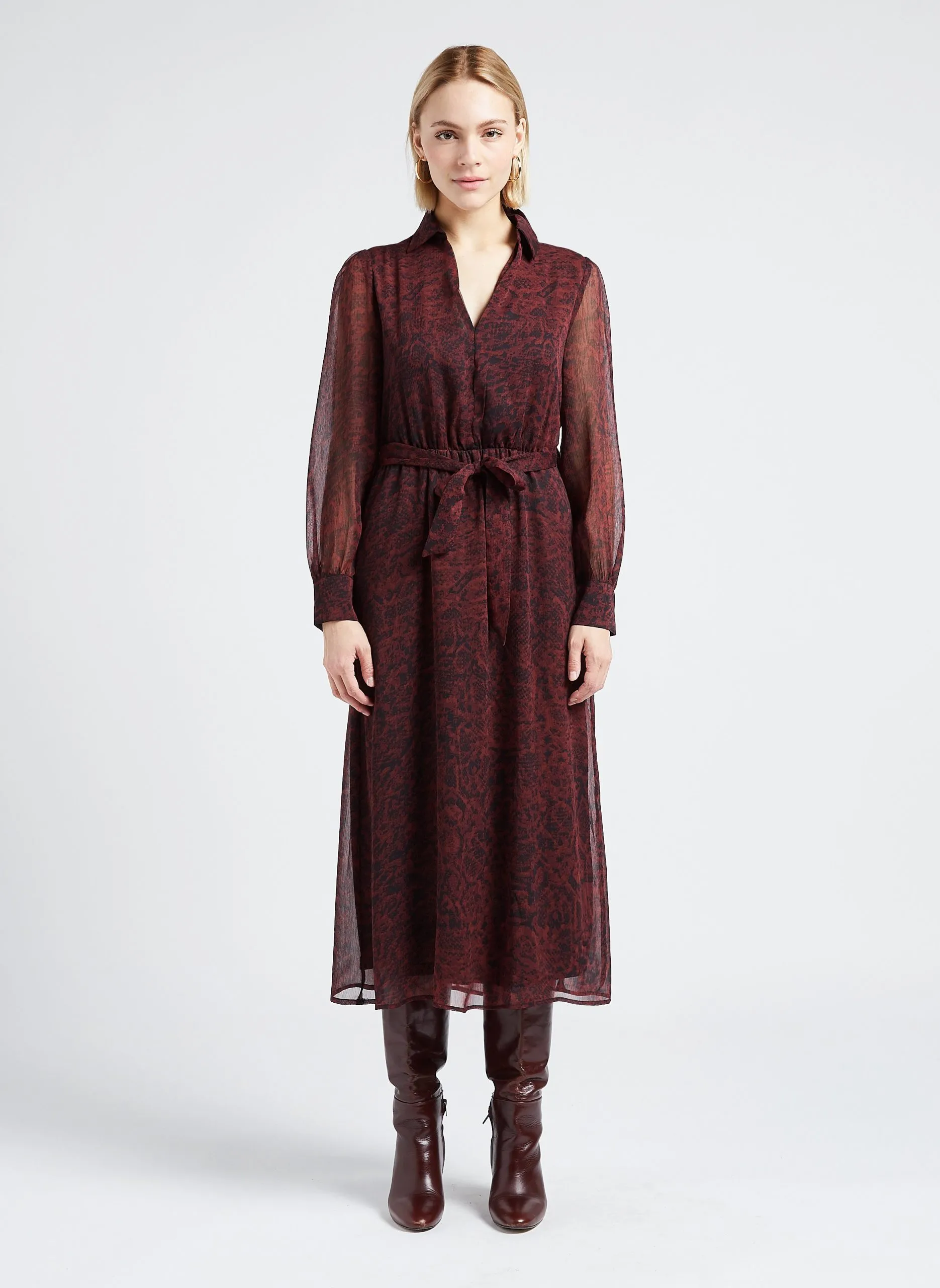 Robe mi-longue col italien imprimée Violet LORETTE